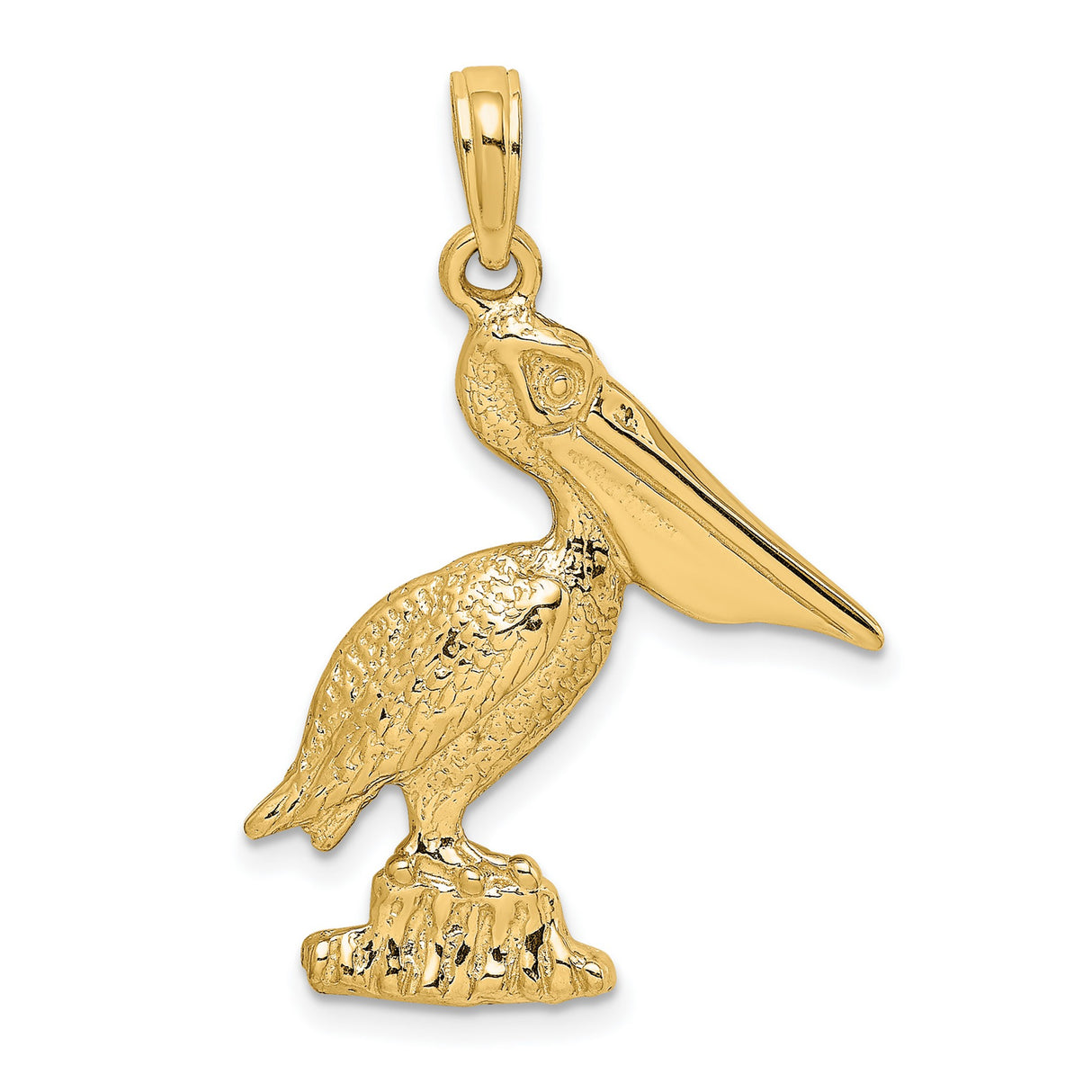 14k Yellow Gold Pelican Pendant, Detailed Coastal Bird Standing on Rock, Nautical Wildlife Charm