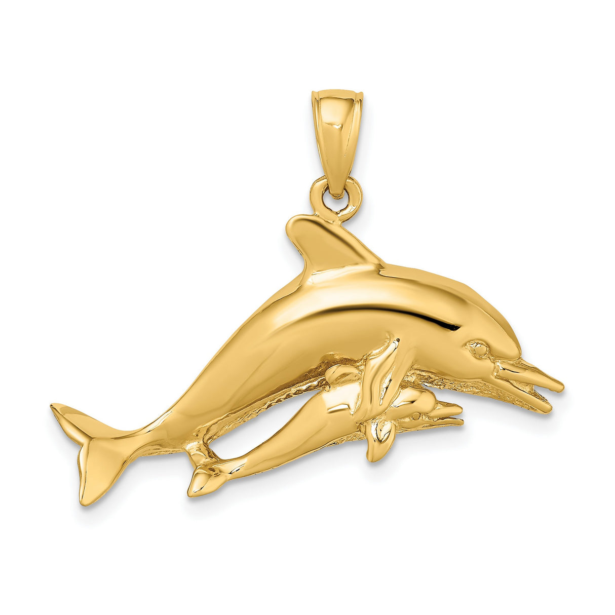 14k Yellow Gold Dolphin Pendant, Mother and Baby Design, Nautical Ocean Theme Jewelry