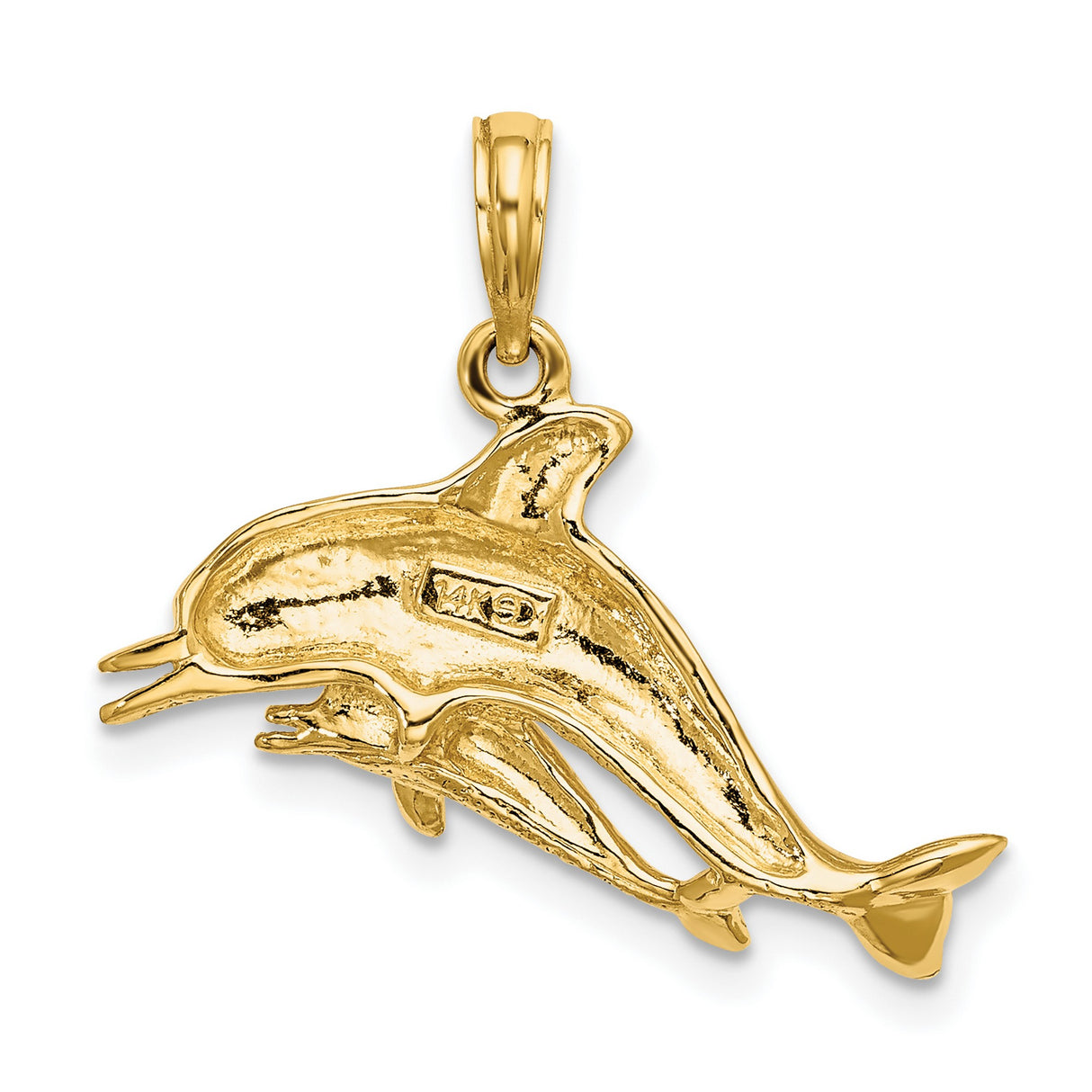 14k Yellow Gold Dolphin Pendant with Mother and Baby Dolphins, Nautical Animal Charm