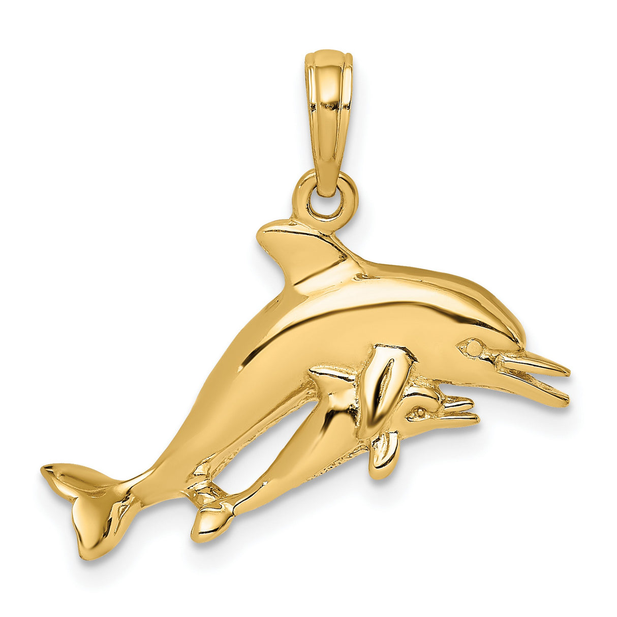 14k Yellow Gold Dolphin Pendant with Mother and Baby Dolphins, Nautical Animal Charm