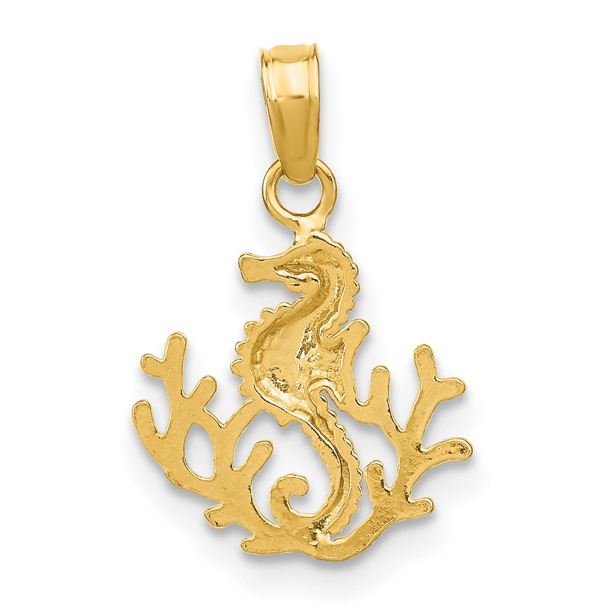 14k Yellow Gold Seahorse Pendant with Coral Branch Detail, Nautical Marine Life Charm