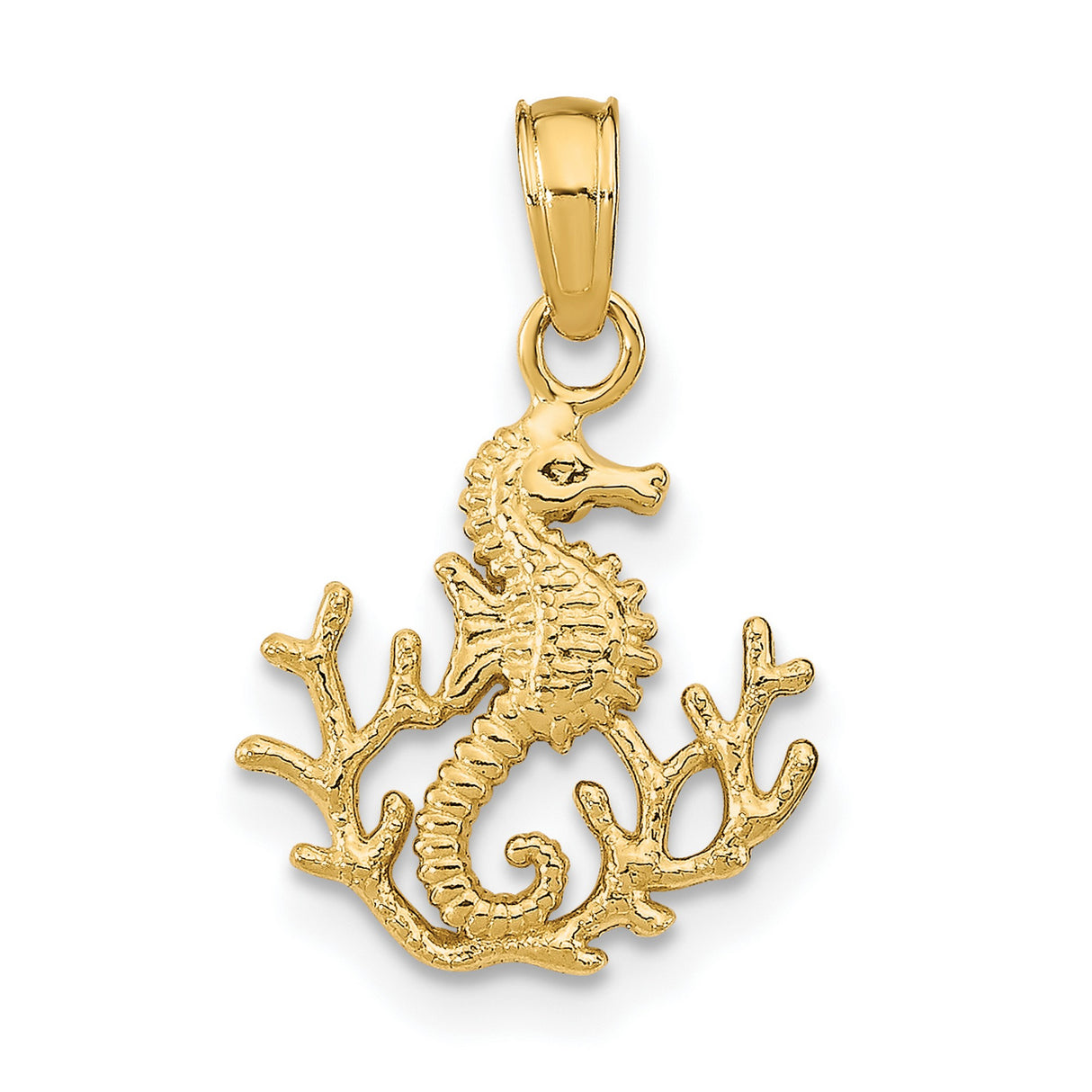 14k Yellow Gold Seahorse Pendant with Coral Branch Detail, Nautical Marine Life Charm
