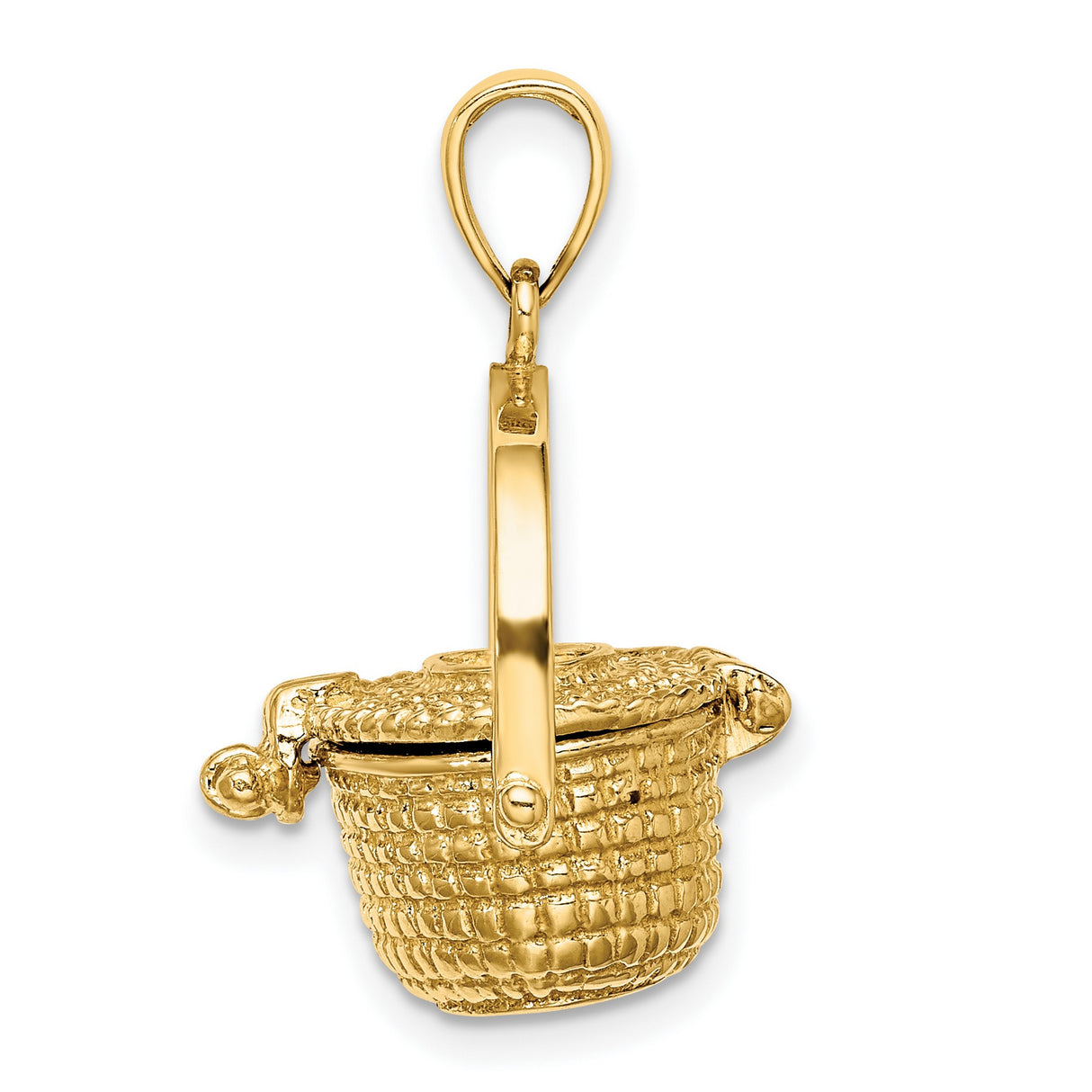 14k Yellow Gold Picnic Basket Pendant with Movable Handle and Clasp Detail