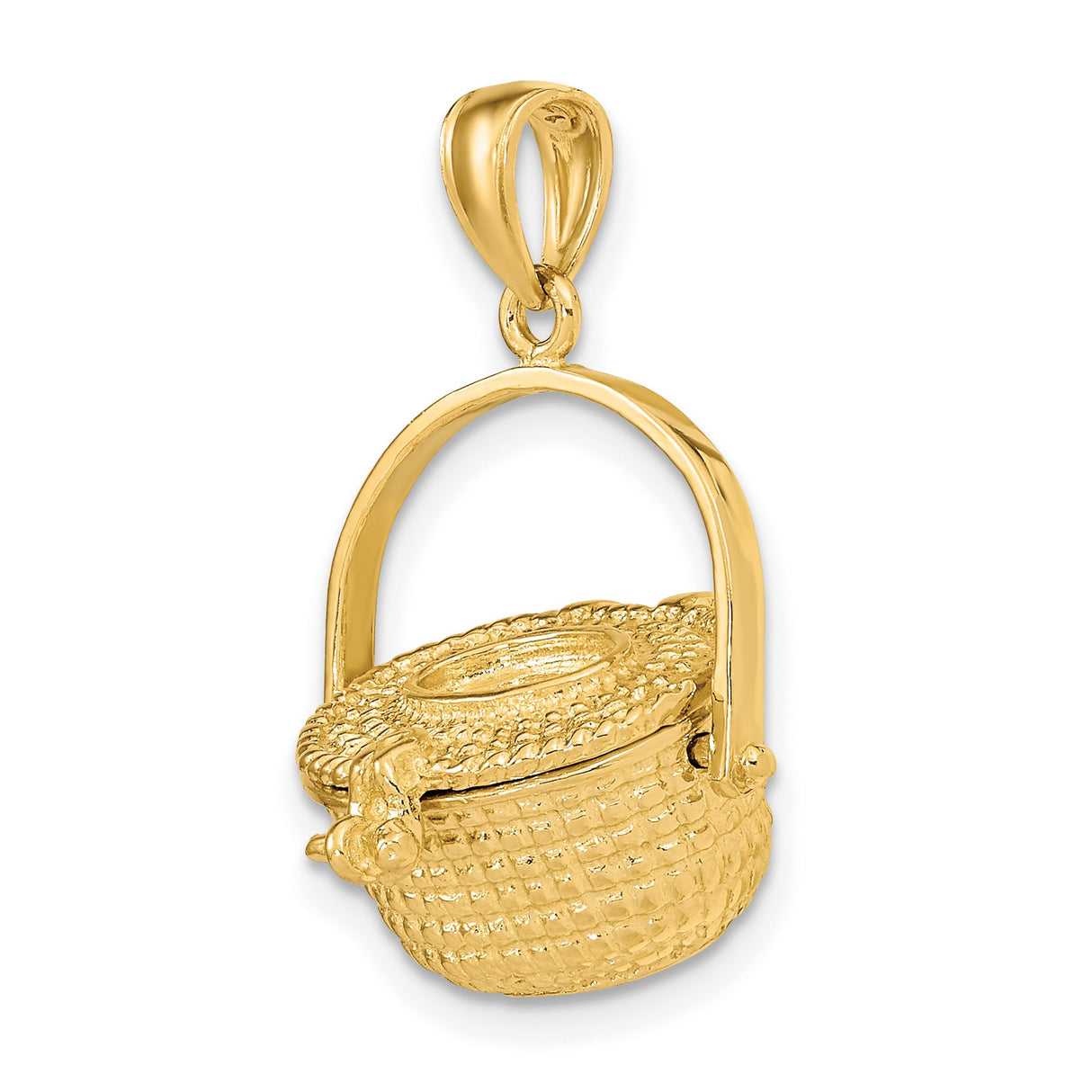 14k Yellow Gold Picnic Basket Pendant with Movable Handle and Clasp Detail
