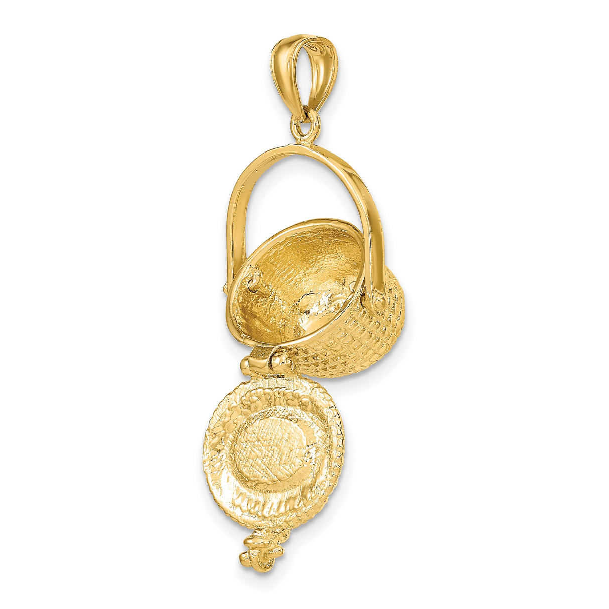 14k Yellow Gold Picnic Basket Pendant with Movable Handle and Clasp Detail