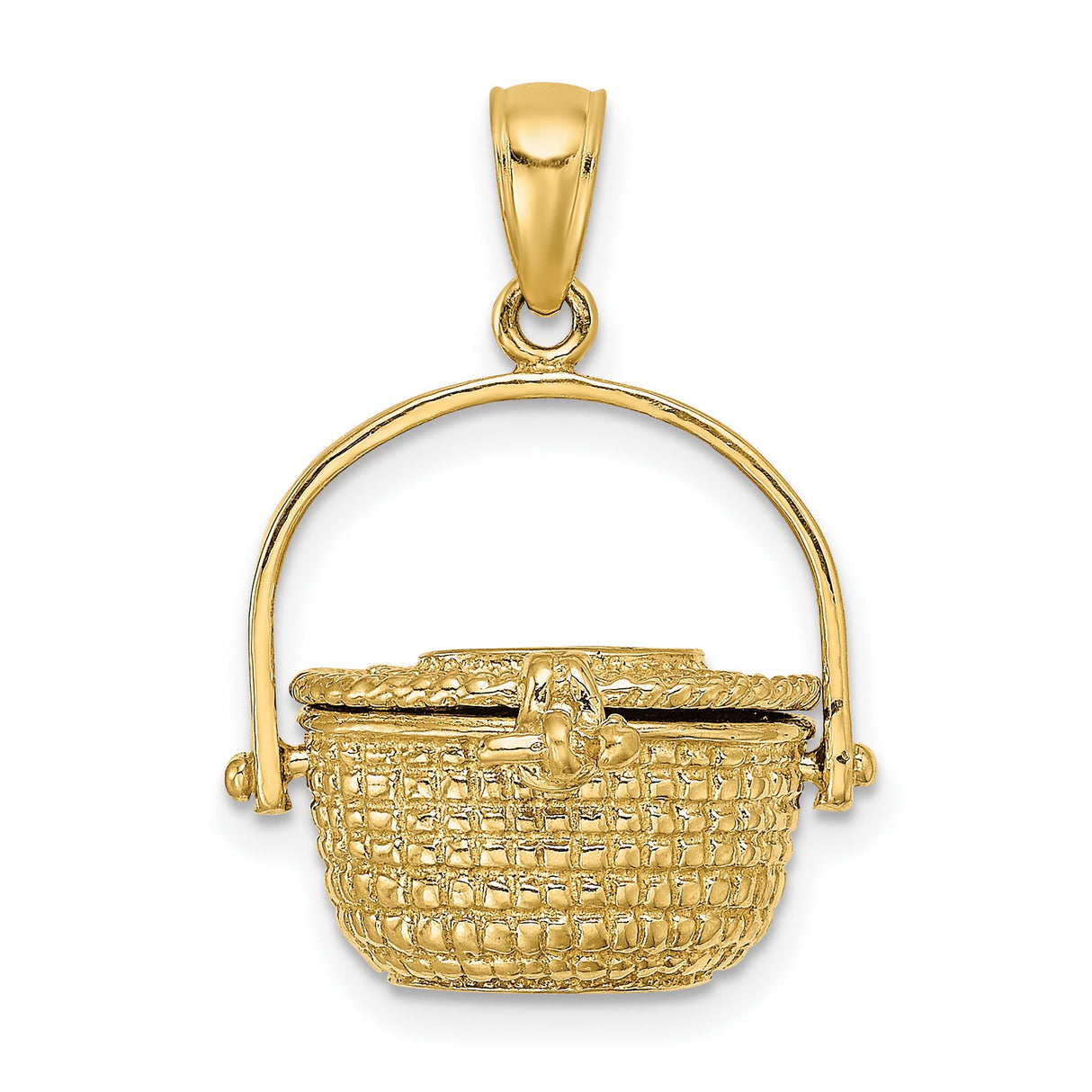 14k Yellow Gold Picnic Basket Pendant with Movable Handle and Clasp Detail