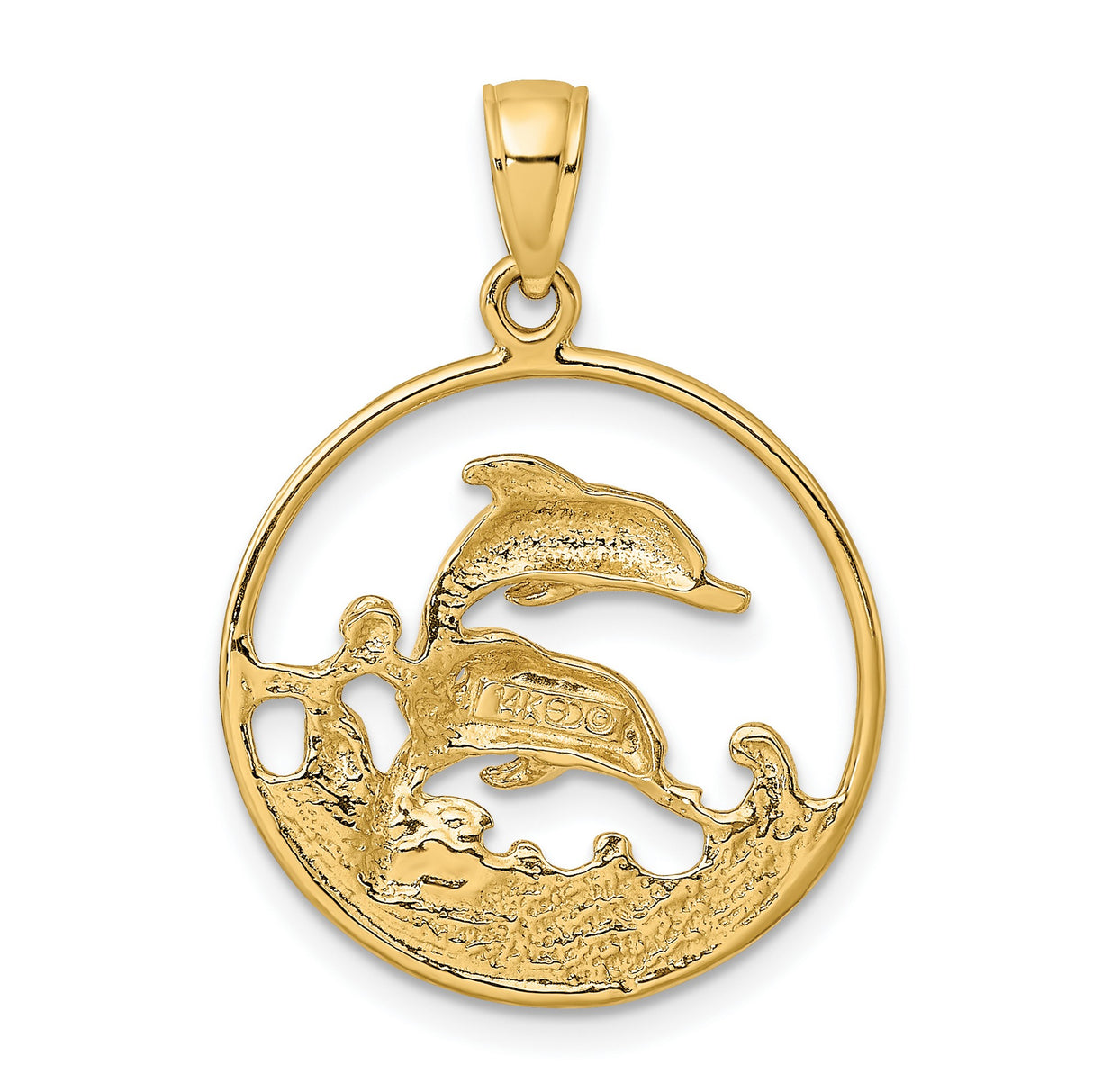 14k Yellow Gold Dolphin Pendant with Two Dolphins in Circle Ocean Wave Design