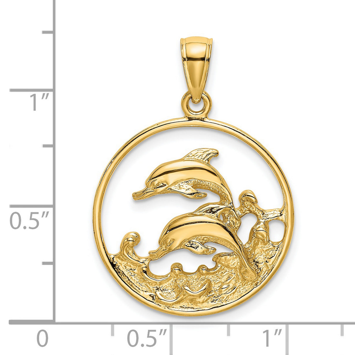 14k Yellow Gold Dolphin Pendant with Two Dolphins in Circle Ocean Wave Design
