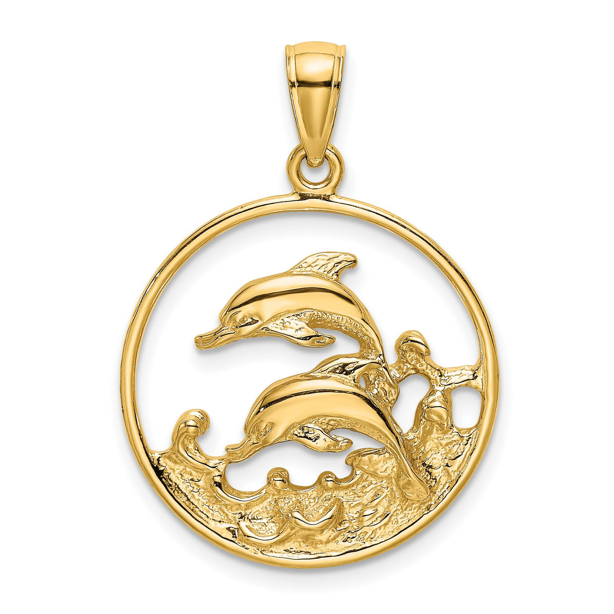 14k Yellow Gold Dolphin Pendant with Two Dolphins in Circle Ocean Wave Design