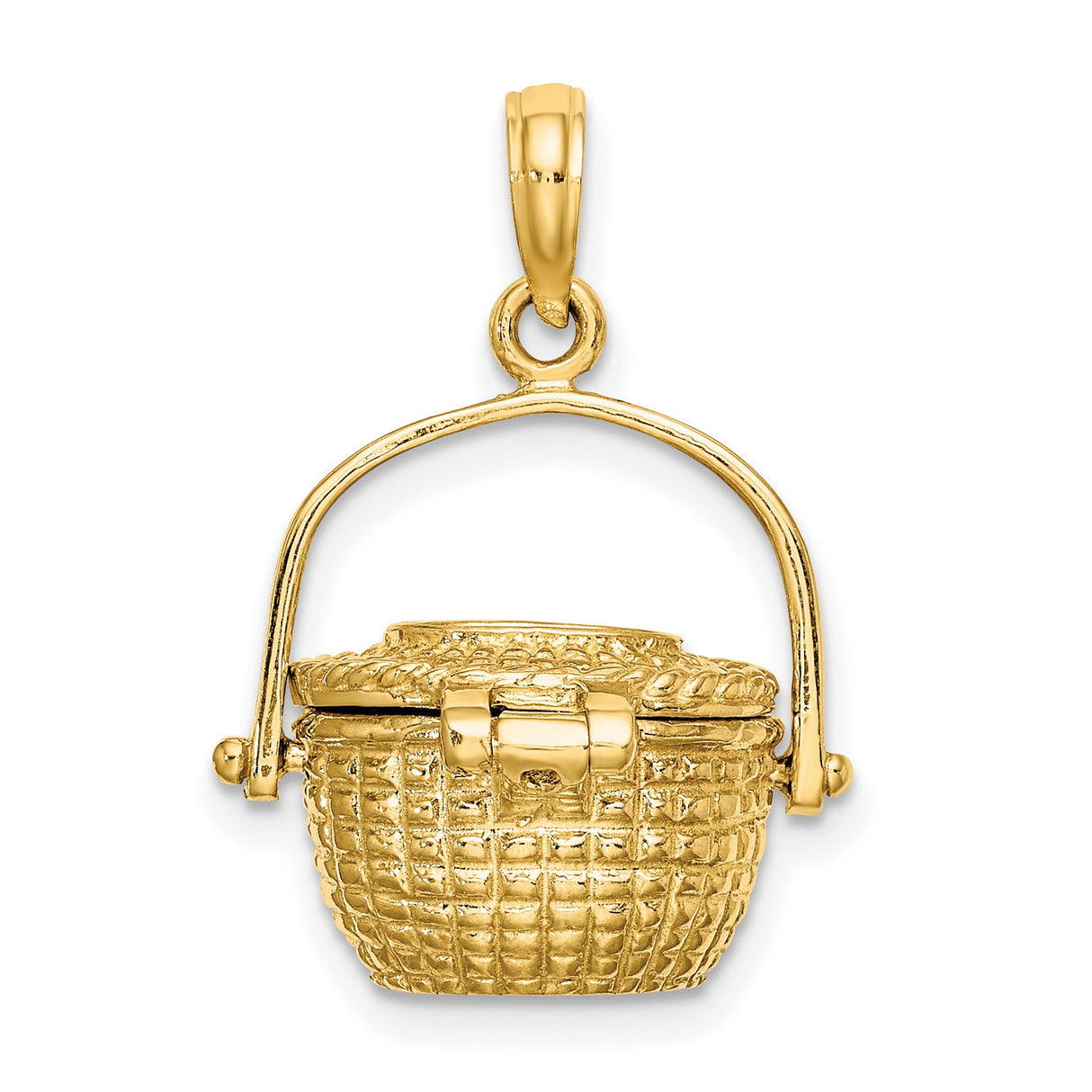 14k Yellow Gold Basket Charm Pendant with Movable Handle and Woven Detailing