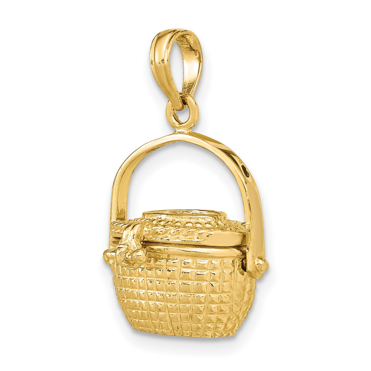 14k Yellow Gold Basket Charm Pendant with Movable Handle and Woven Detailing