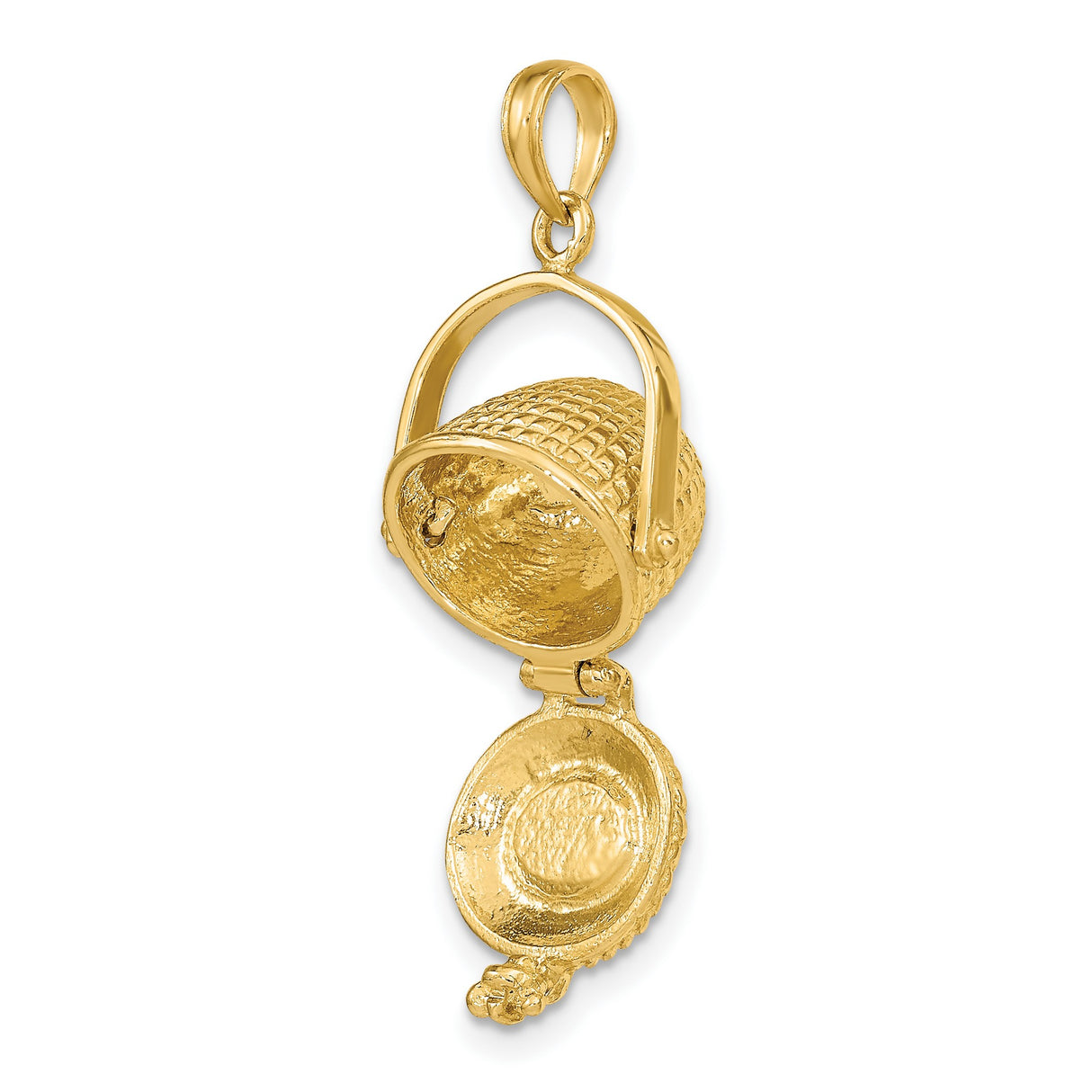 14k Yellow Gold Basket Charm Pendant with Movable Handle and Woven Detailing