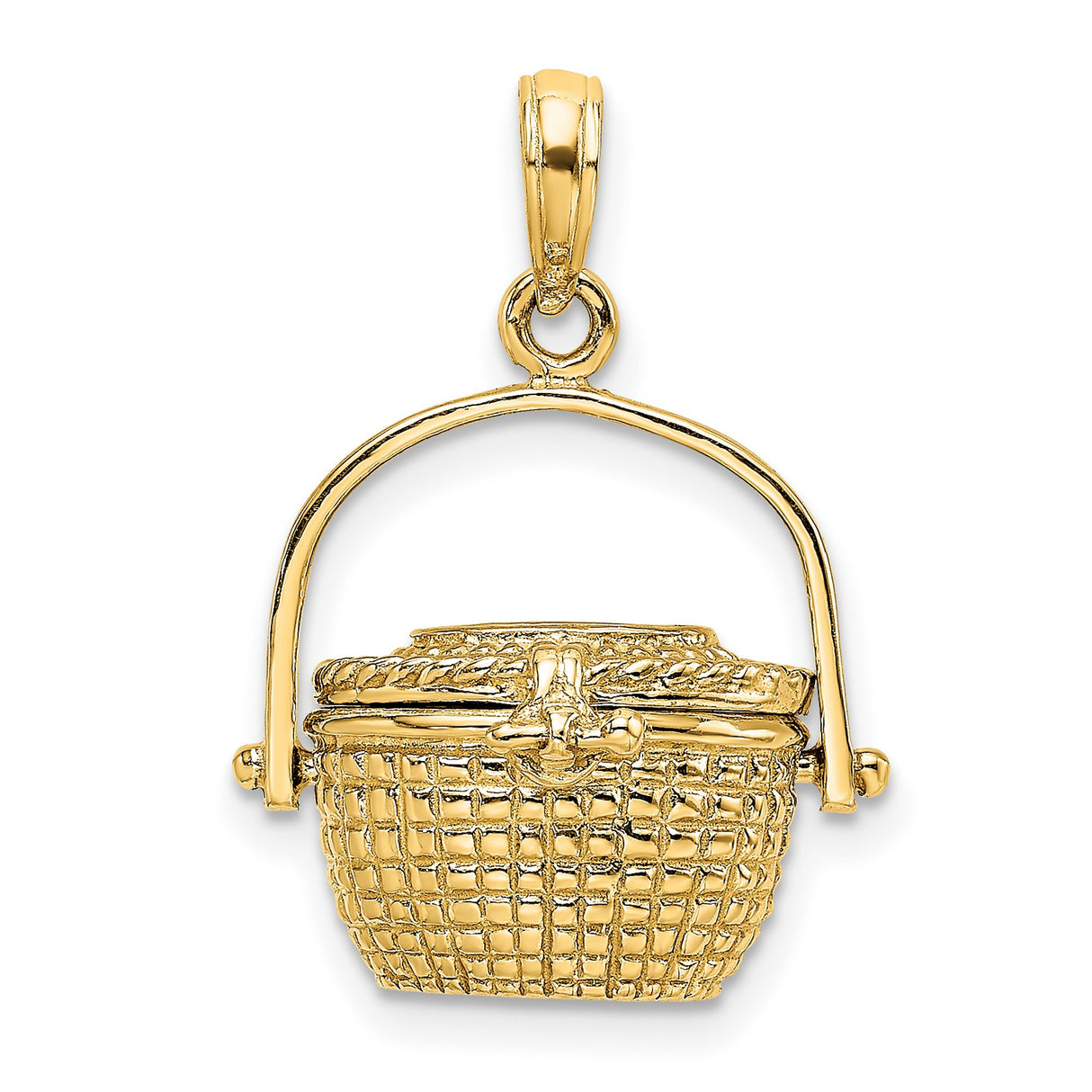 14k Yellow Gold Basket Charm Pendant with Movable Handle and Woven Detailing