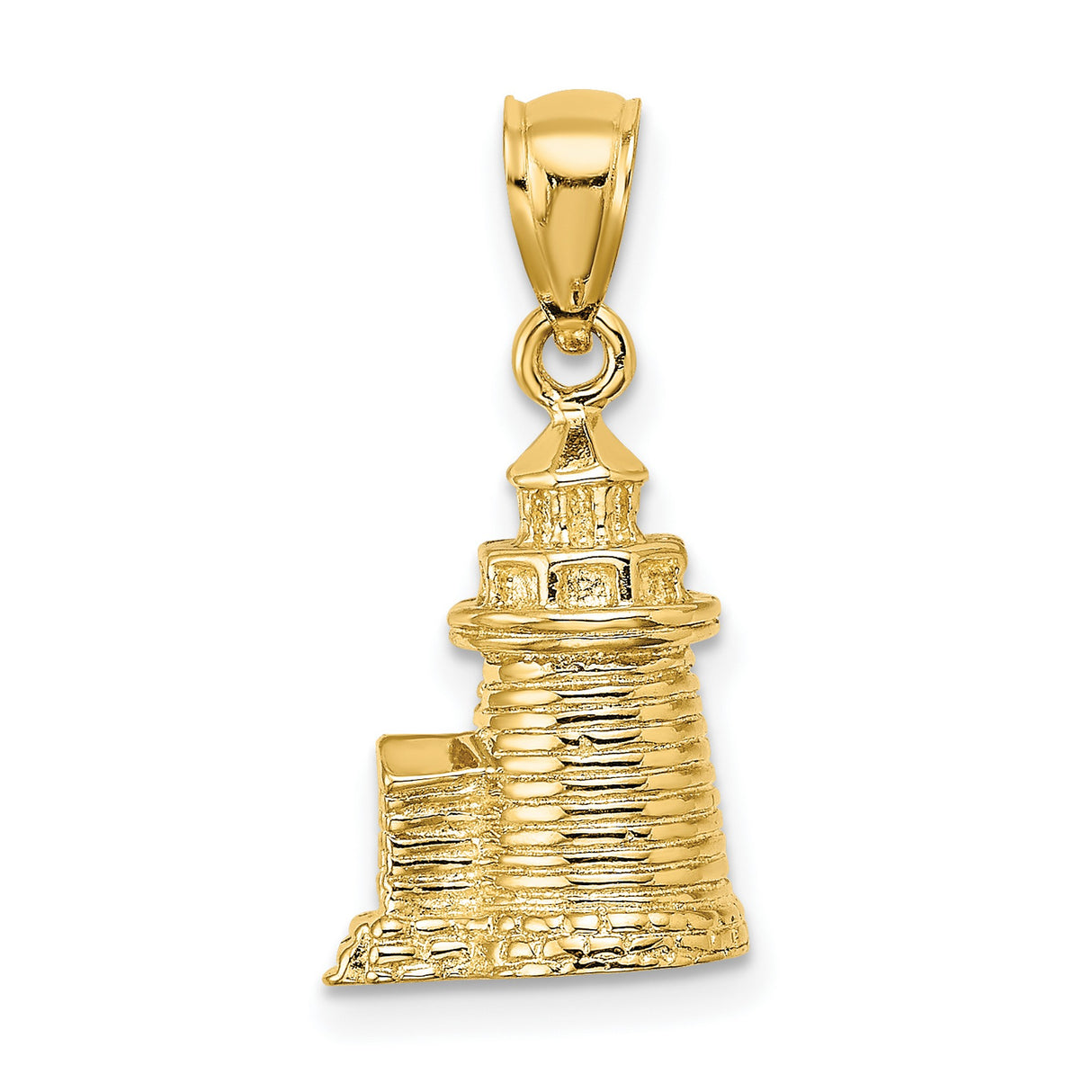 14k Yellow Gold Lighthouse Pendant with Textured Design, Nautical Symbol of Guidance and Hope