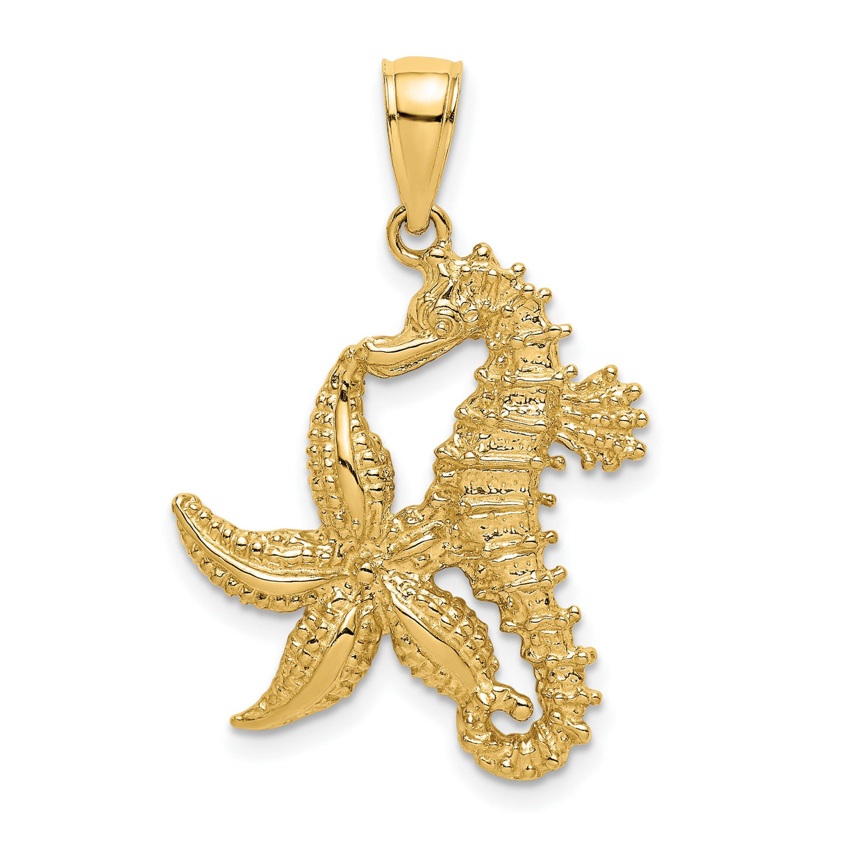 14k Yellow Gold Pendant, Seahorse and Starfish Nautical Design, Marine Life Charm