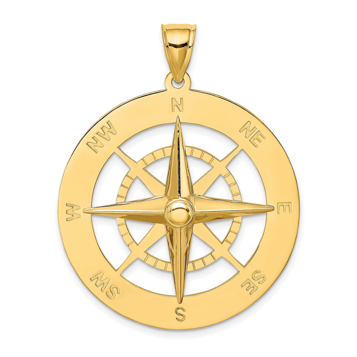 14k Yellow Gold Compass Pendant with Directional Engravings, Nautical Theme, Unisex Jewelry