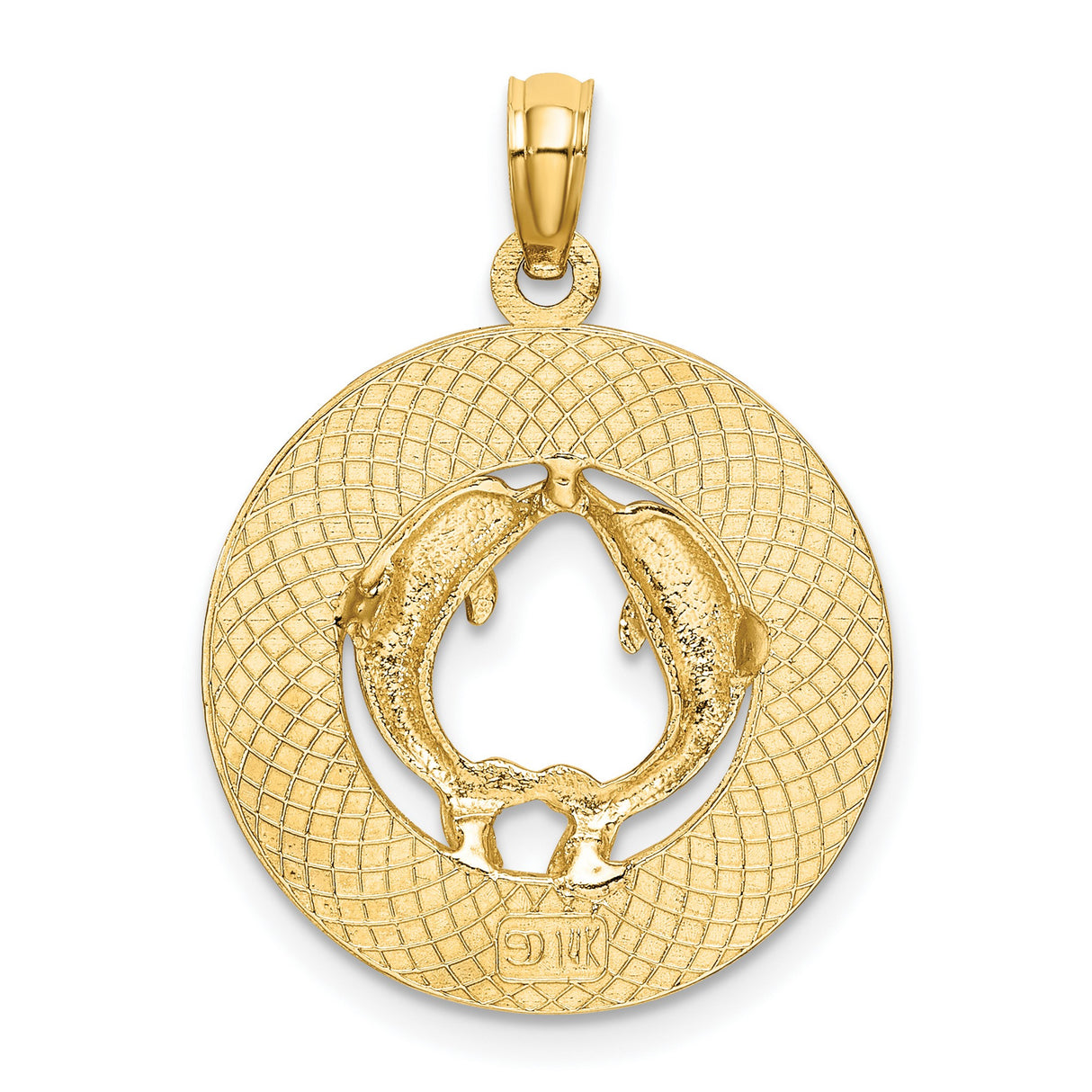 14k Yellow Gold Pendant, Two Dolphins Touching Fins in Circle, Nautical Ocean Charm
