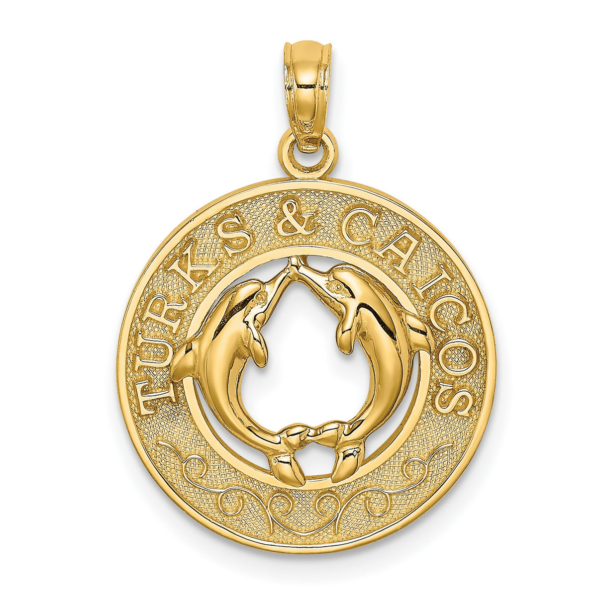 14k Yellow Gold Pendant, Two Dolphins Touching Fins in Circle, Nautical Ocean Charm