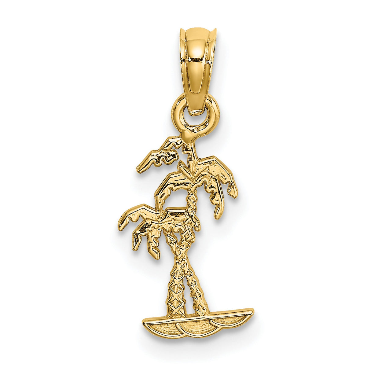 14k Yellow Gold Palm Tree Pendant with Double Palms, Tropical Beach Scene Charm