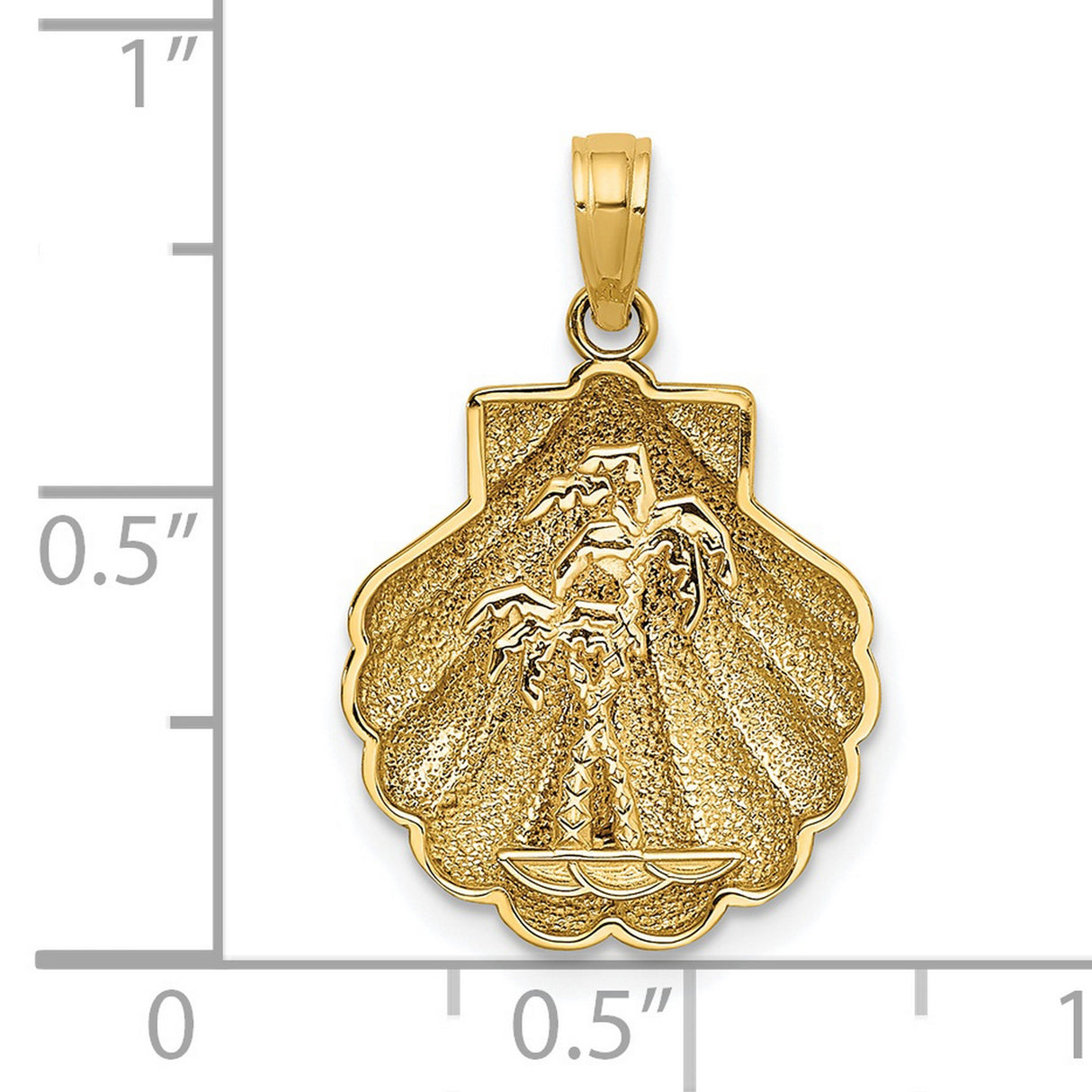 14k Yellow Gold Pendant with Etched Palm Tree and Scallop Shell Design