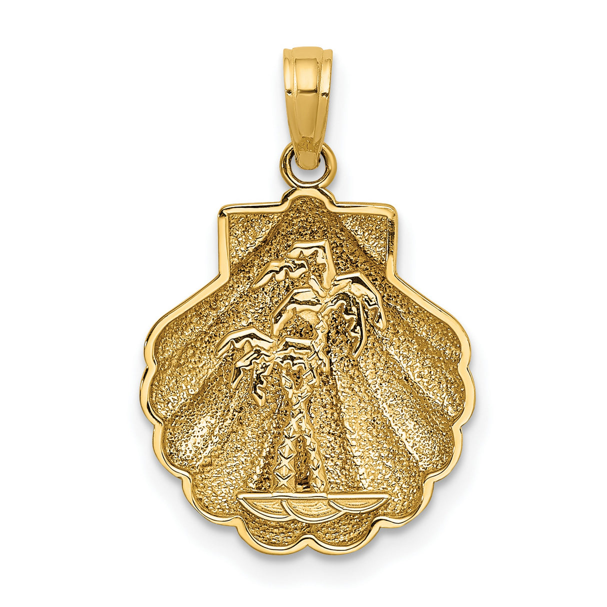 14k Yellow Gold Pendant with Etched Palm Tree and Scallop Shell Design