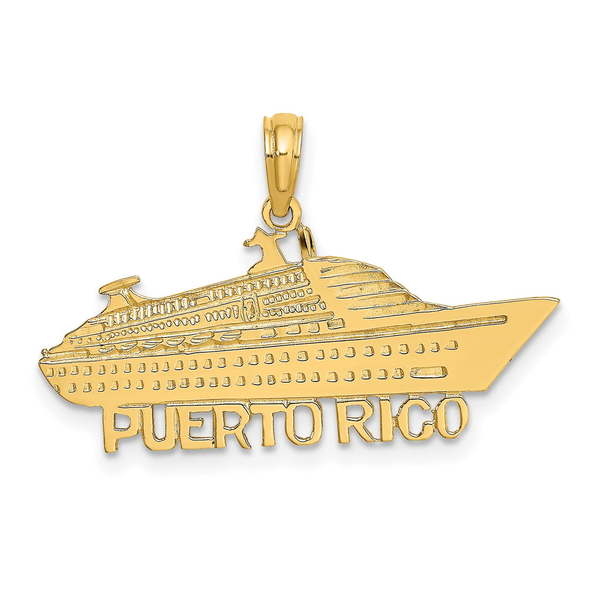 14k Yellow Gold Cruise Ship Pendant with Puerto Rico Engraving, Travel Souvenir Charm