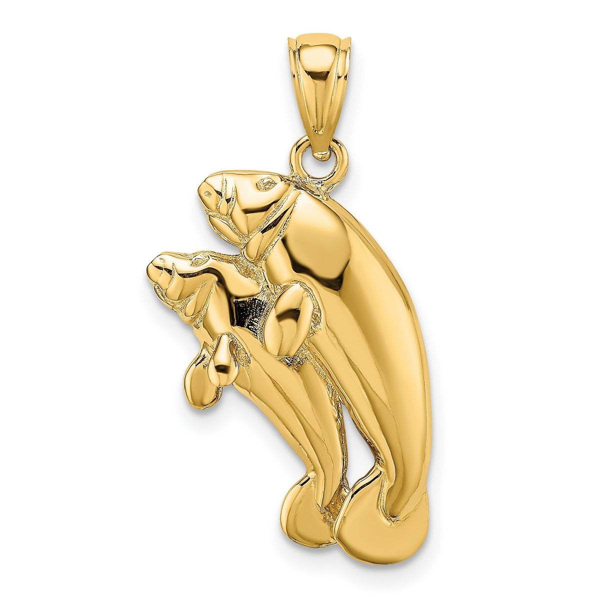 14k Yellow Gold Manatee Pendant with Mother and Calf, Ocean Animal and Family Bond Theme