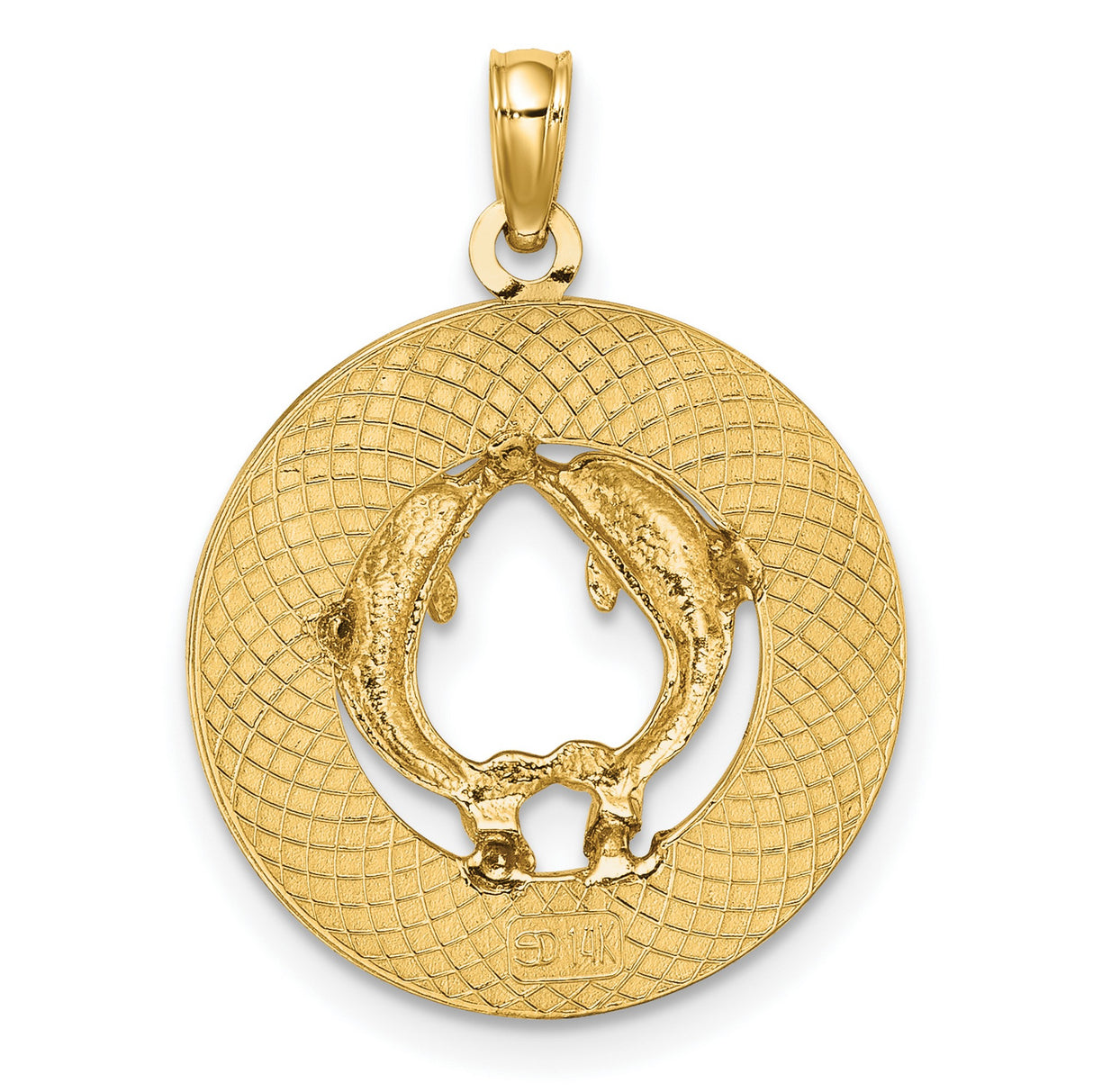 14k Yellow Gold Dolphin Circle Pendant with St. Thomas Engraving, Ocean Harmony Charm