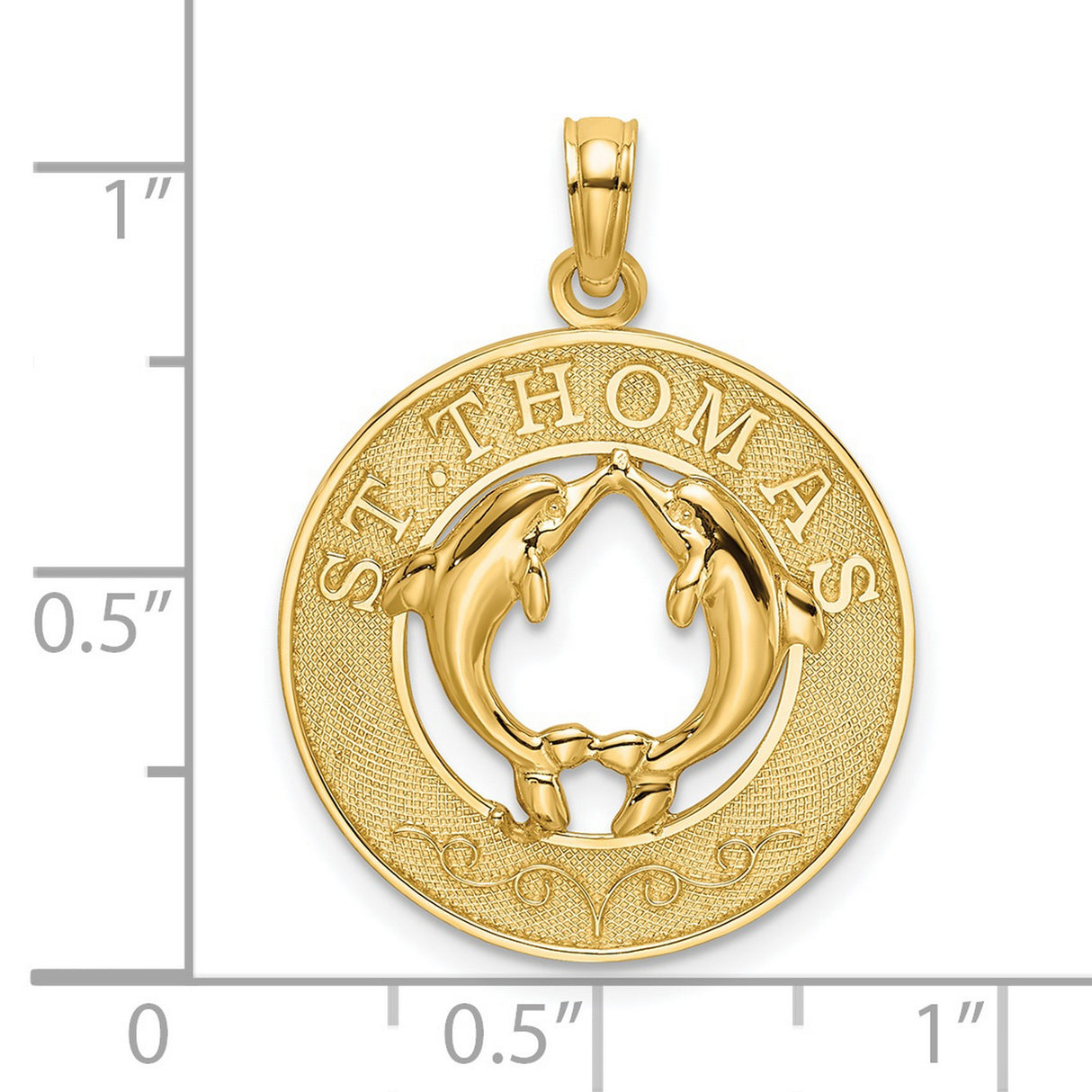 14k Yellow Gold Dolphin Circle Pendant with St. Thomas Engraving, Ocean Harmony Charm