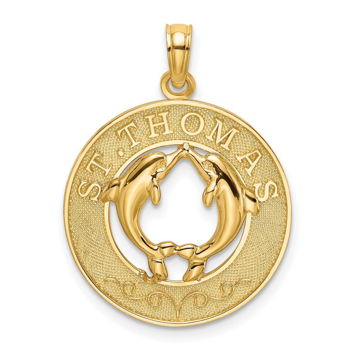 14k Yellow Gold Dolphin Circle Pendant with St. Thomas Engraving, Ocean Harmony Charm