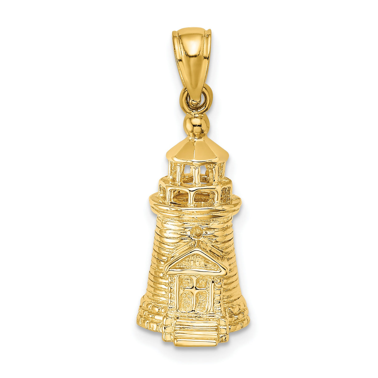 14k Yellow Gold Lighthouse Pendant, Nautical Charm with Doors and Windows, Maritime Jewelry for Women or Unisex