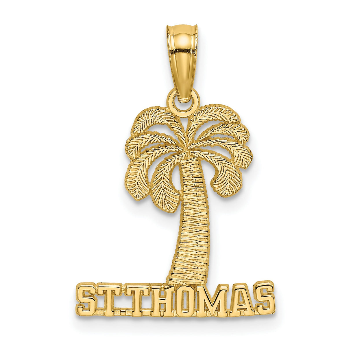 14k Yellow Gold Palm Tree Pendant with St Thomas Text, Caribbean Travel Charm