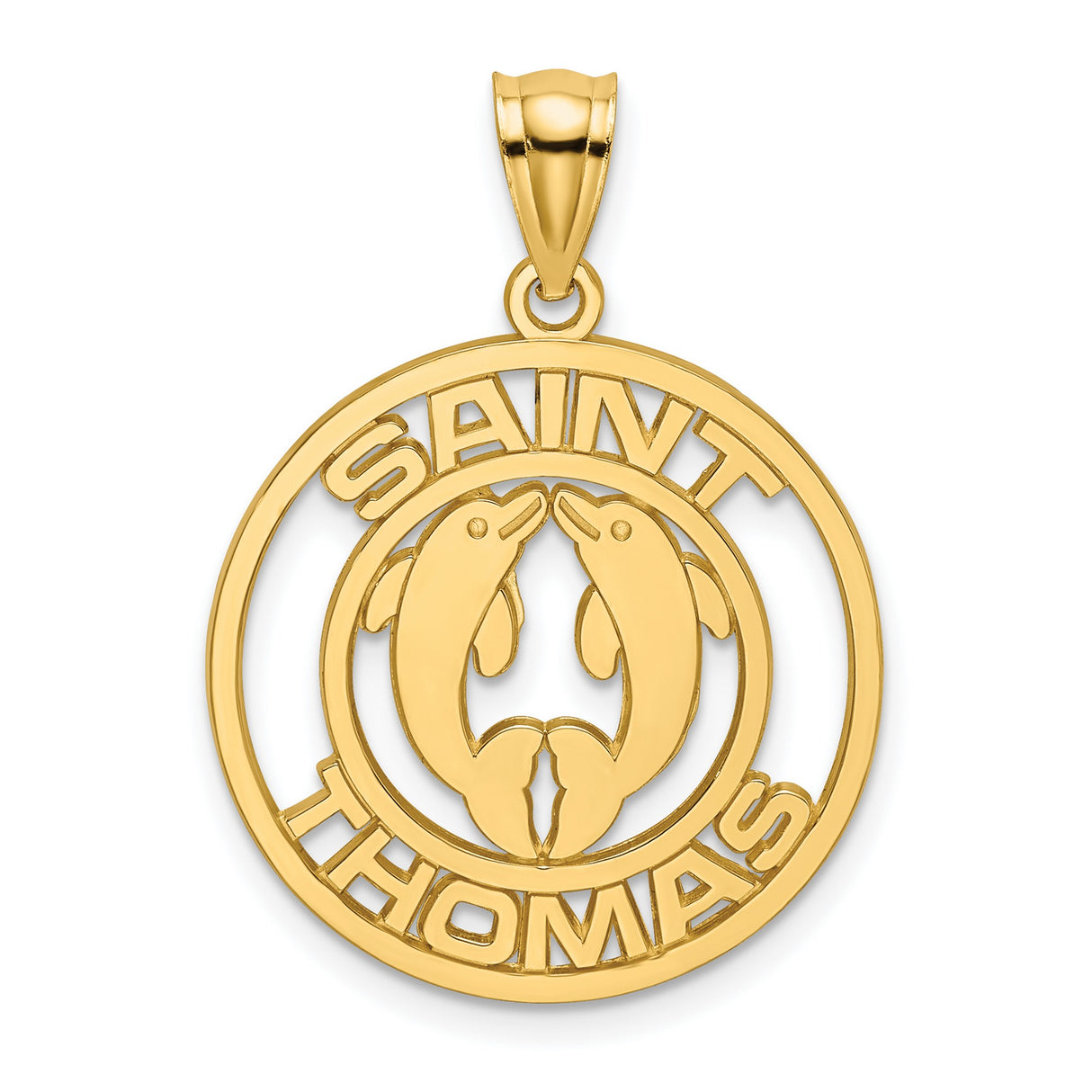 14k Yellow Gold Dolphin Pendant with Saint Thomas Text, Nautical Ocean Life Charm