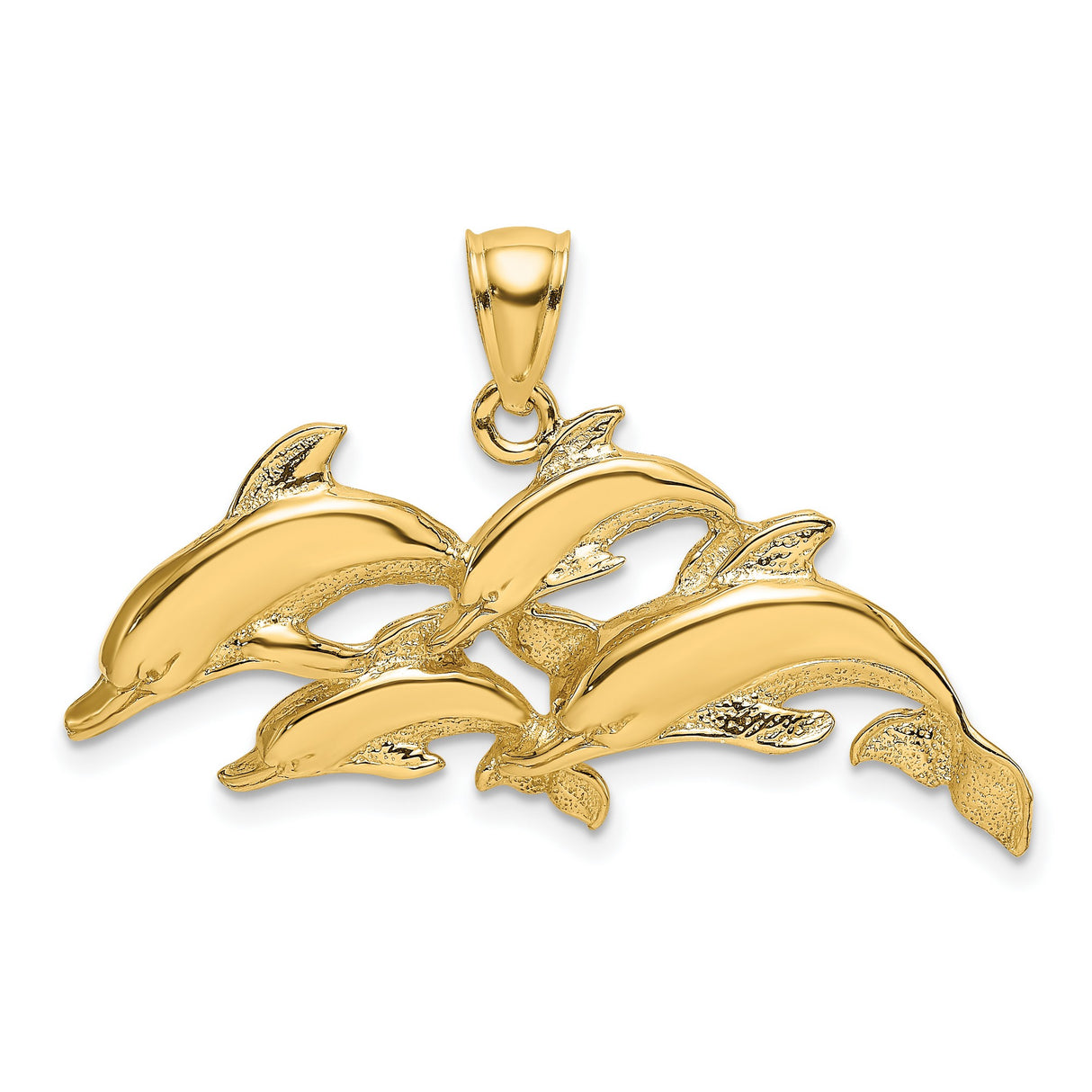 14k Yellow Gold Dolphin Pendant with Four Leaping Dolphins, Nautical Ocean Charm