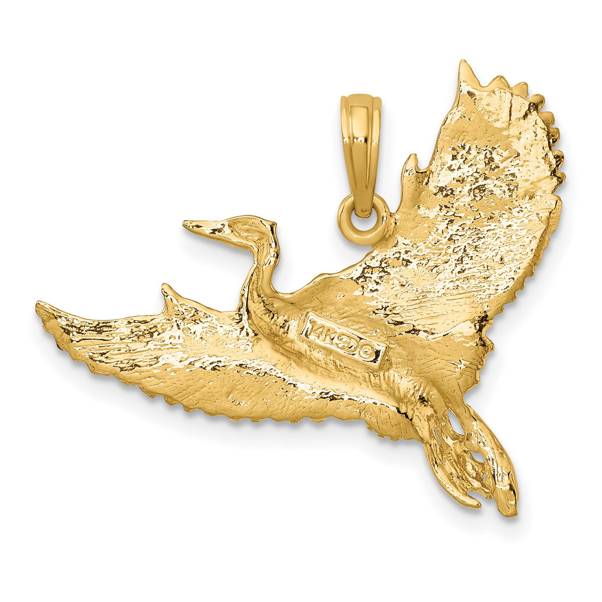 14k Yellow Gold Crane Pendant with Detailed Wings, Nature Inspired Bird Charm