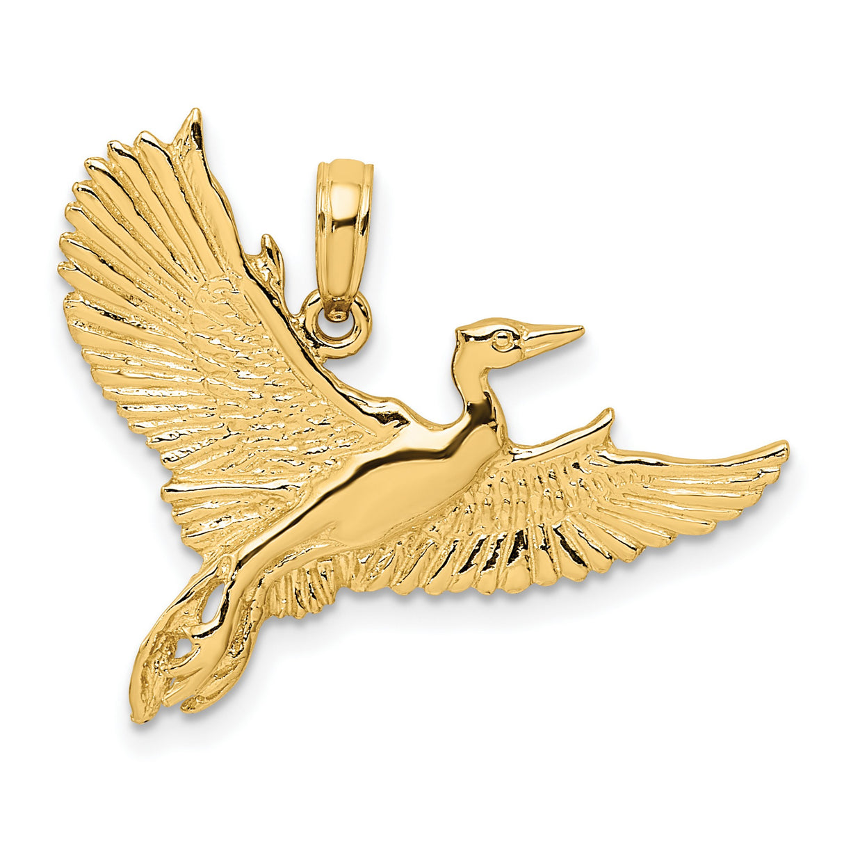 14k Yellow Gold Crane Pendant with Detailed Wings, Nature Inspired Bird Charm