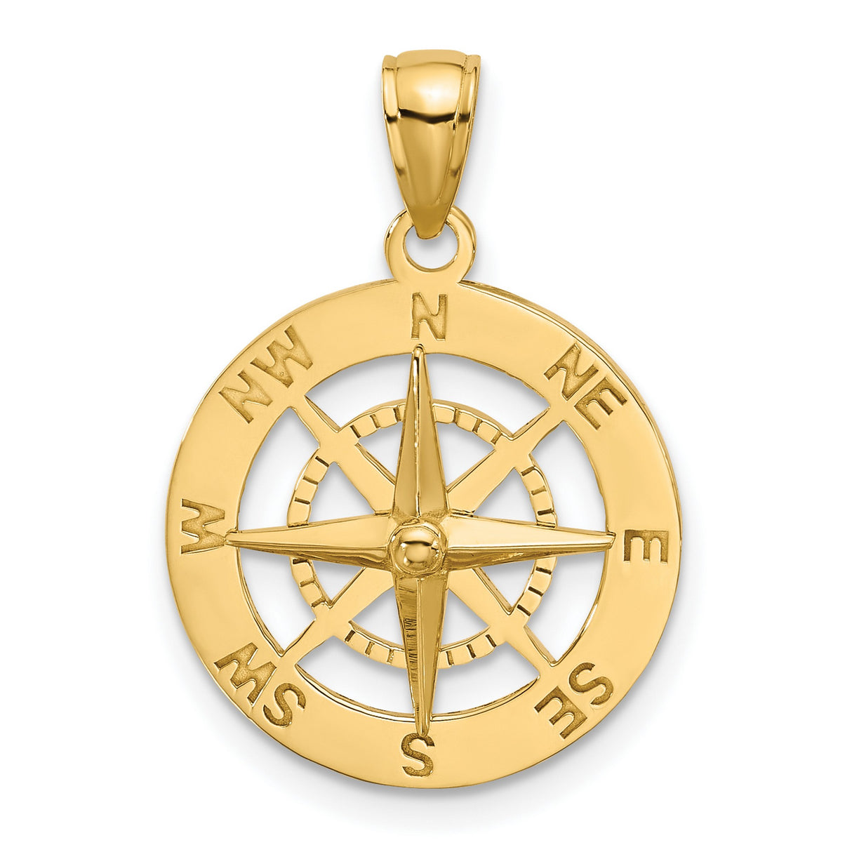 14k Yellow Gold Compass Pendant with Cardinal Directions, Nautical Medallion Design
