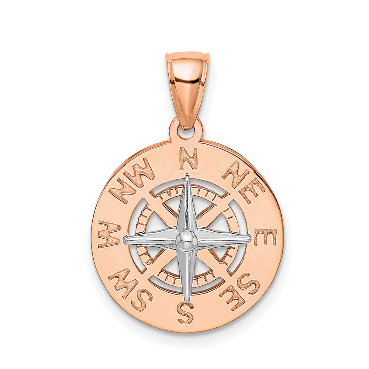 14k White and Rose Gold Compass Pendant, Nautical Direction Charm, Travel Jewelry for Women