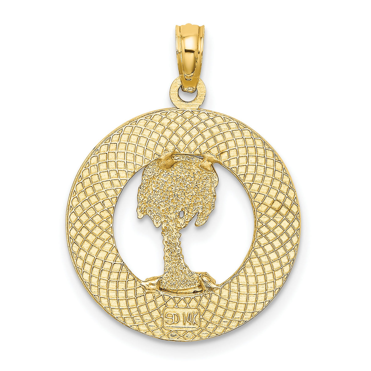 Hilton Head Words with Palm Tree in Round Dime Size Charm Pendant in Real 14k Yellow Gold