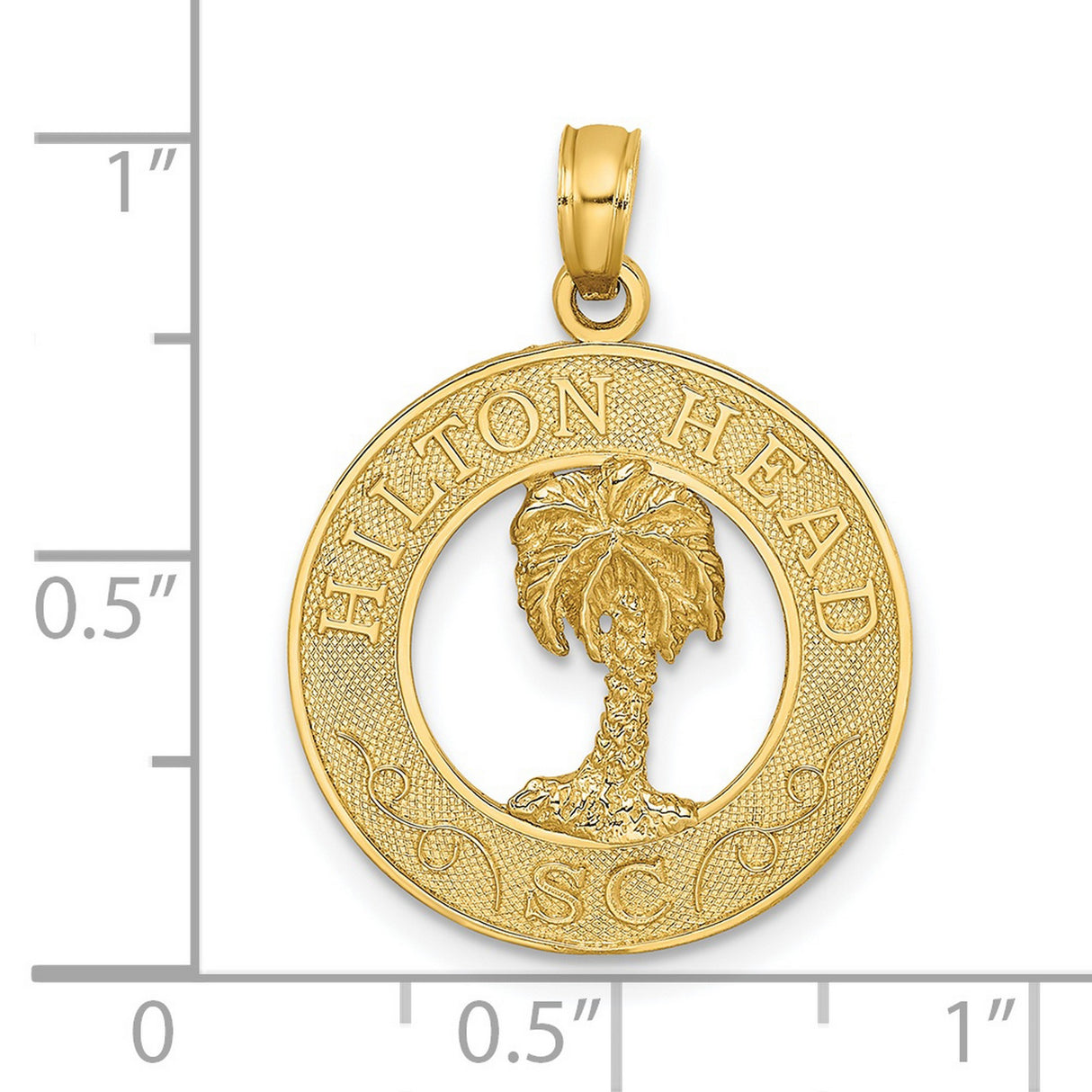 Hilton Head Words with Palm Tree in Round Dime Size Charm Pendant in Real 14k Yellow Gold