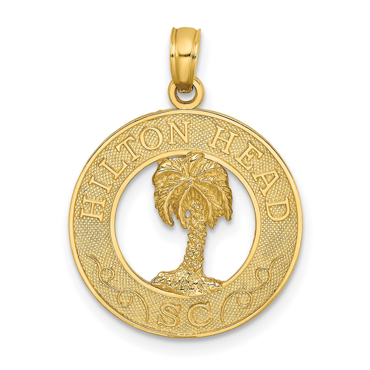 Hilton Head Words with Palm Tree in Round Dime Size Charm Pendant in Real 14k Yellow Gold