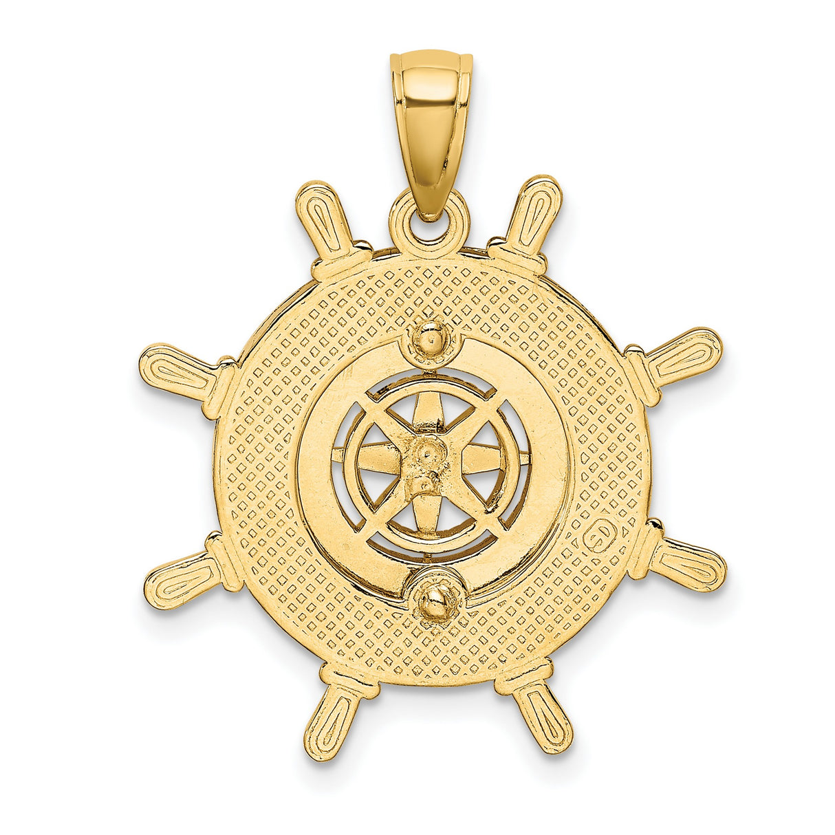 14k Yellow Gold Nautical Ship Wheel Pendant with Compass Rose Design