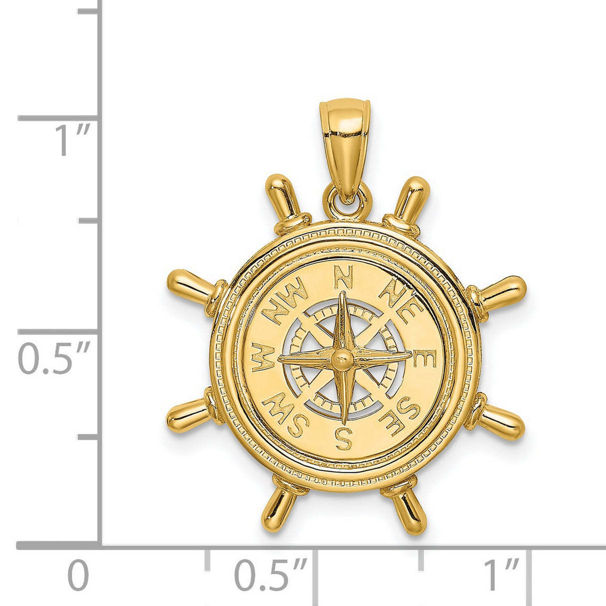 14k Yellow Gold Nautical Ship Wheel Pendant with Compass Rose Design