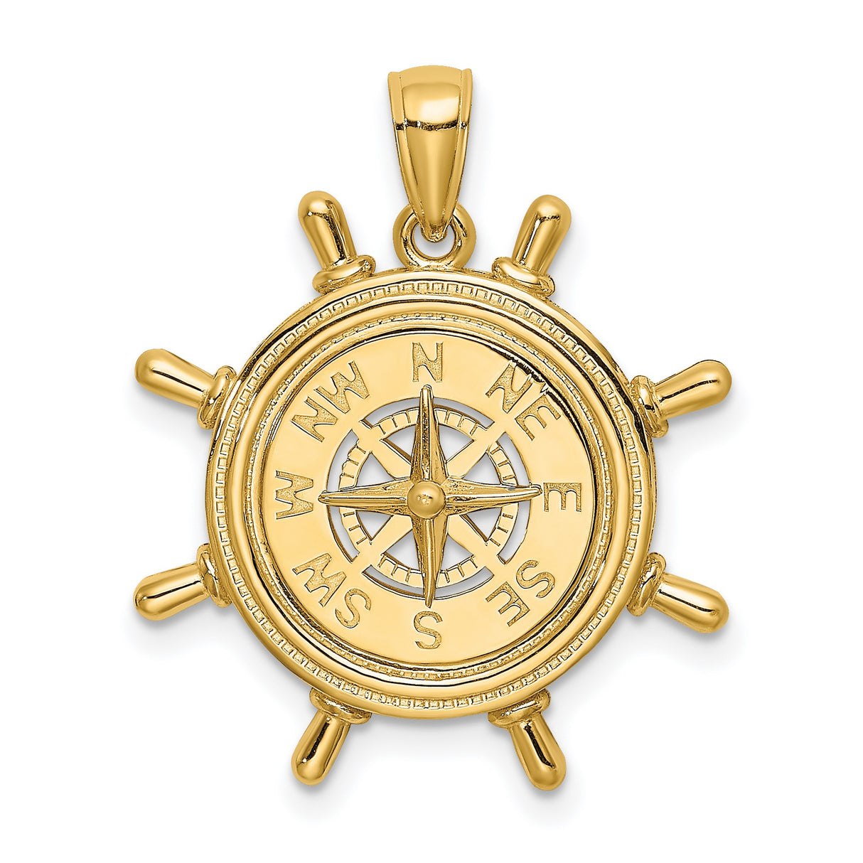 14k Yellow Gold Nautical Ship Wheel Pendant with Compass Rose Design