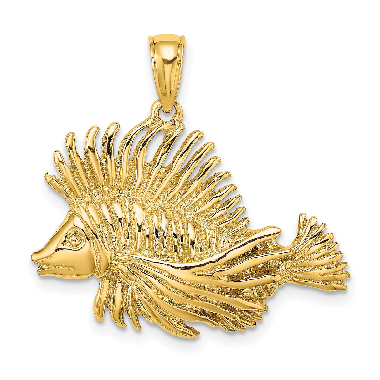 14k Yellow Gold Lionfish Pendant with Textured Fins, Ocean-Inspired Marine Life Charm