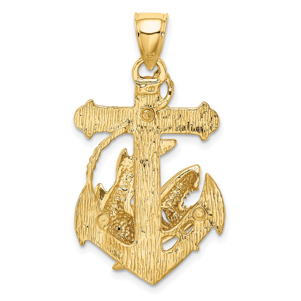 14k Yellow Gold Anchor and Shark Pendant with Christian Cross Symbol for Men