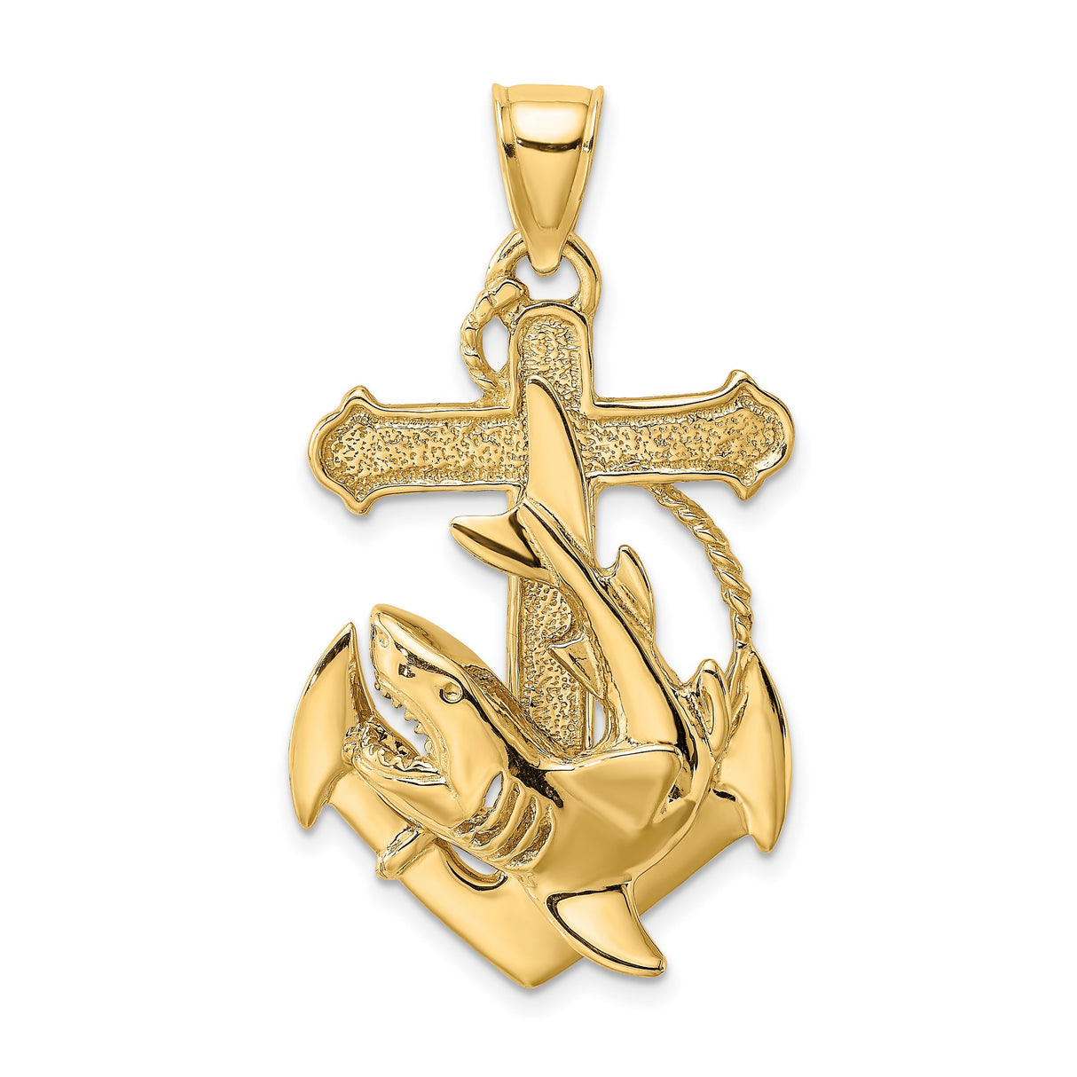 14k Yellow Gold Anchor and Shark Pendant with Christian Cross Symbol for Men