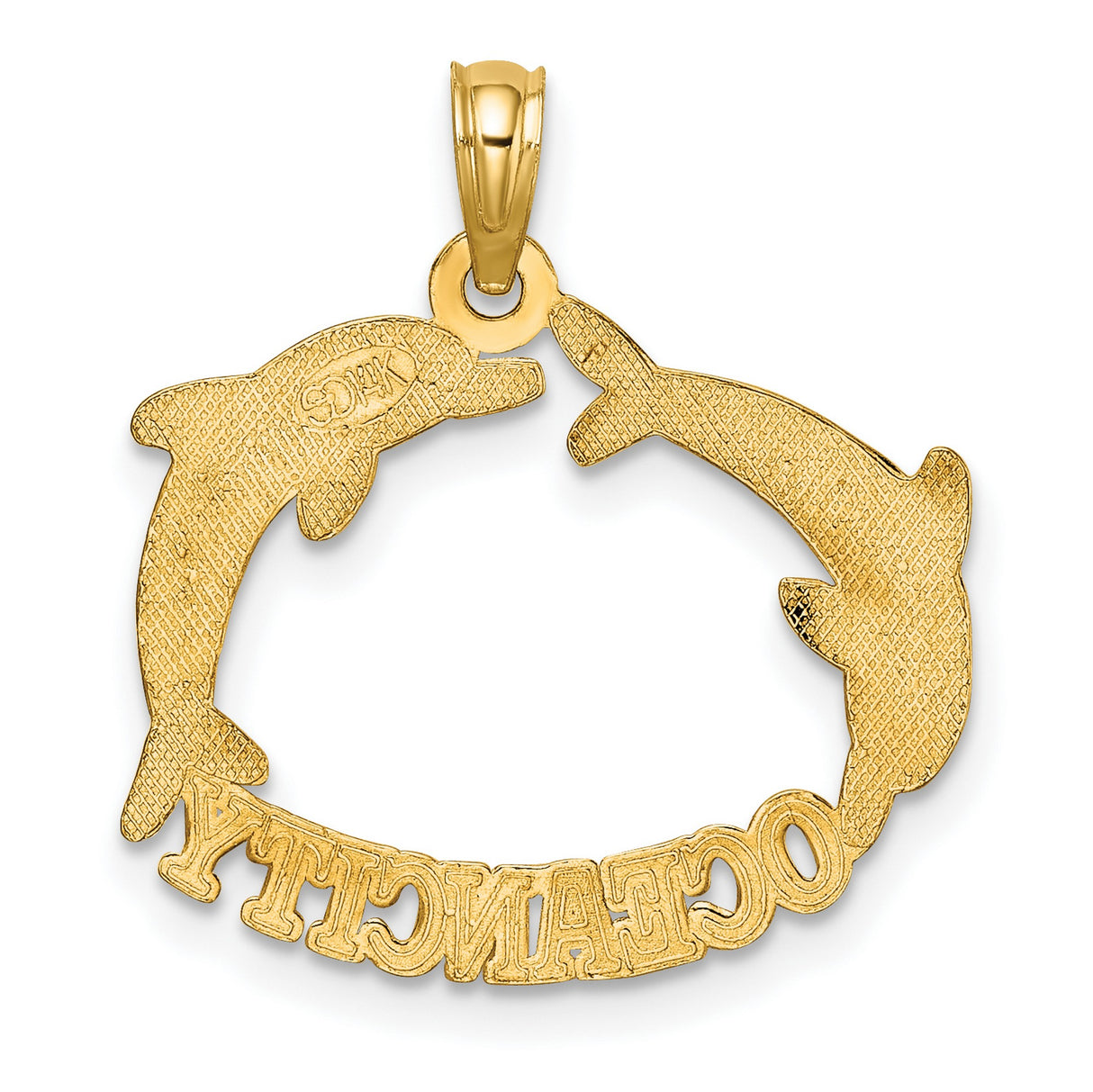 14k Yellow Gold Dolphin Circle Pendant with Two Dolphins and Nautical Symbol
