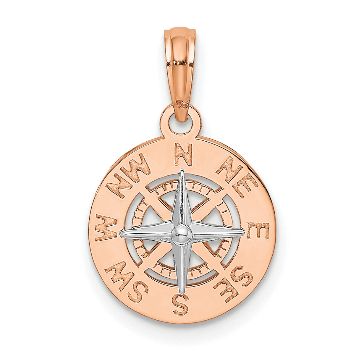 14k White and Rose Gold Compass Pendant with Star Center and Directional Engraving