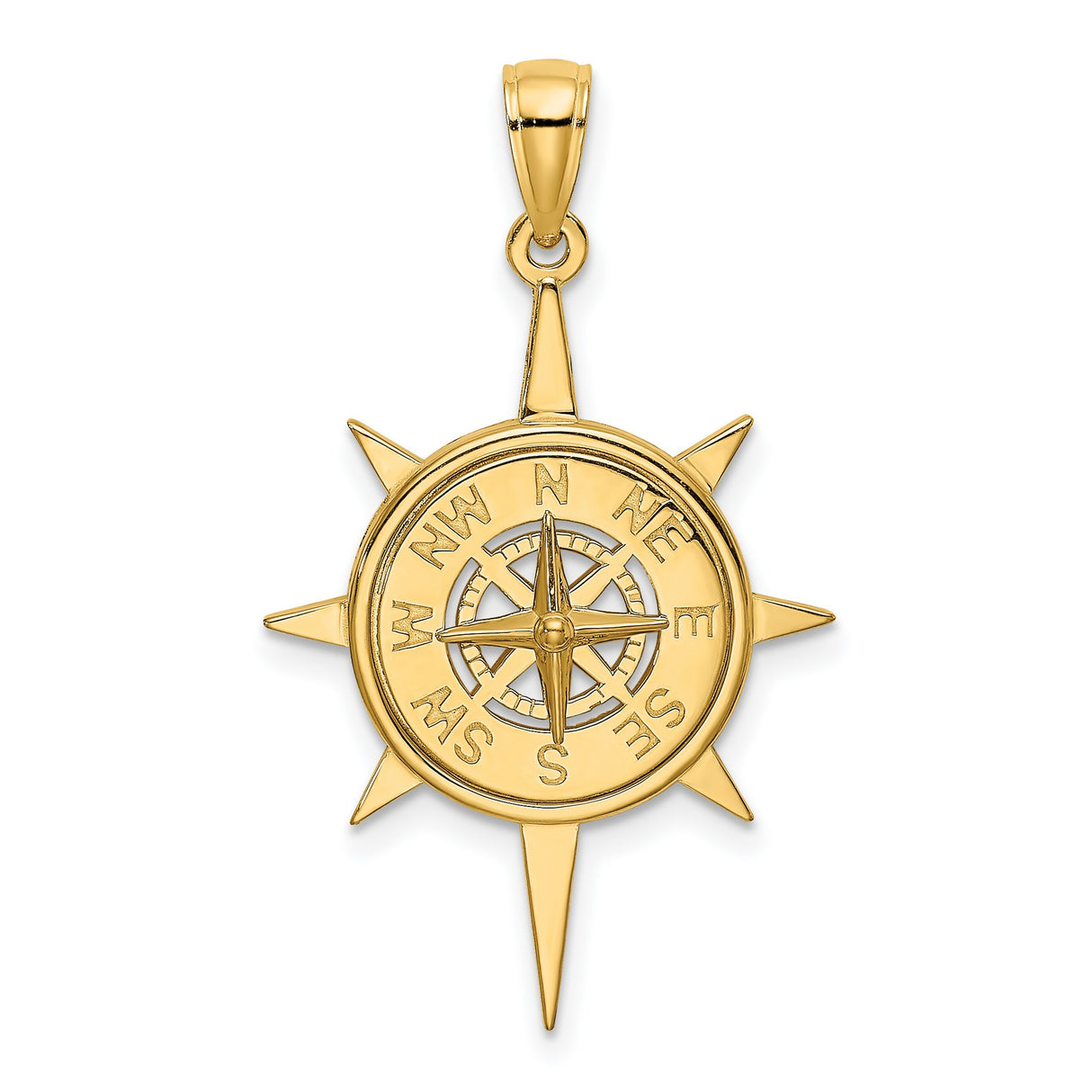 14k Yellow Gold Compass Pendant with Nautical Design and Directional Markings, Unisex Charm
